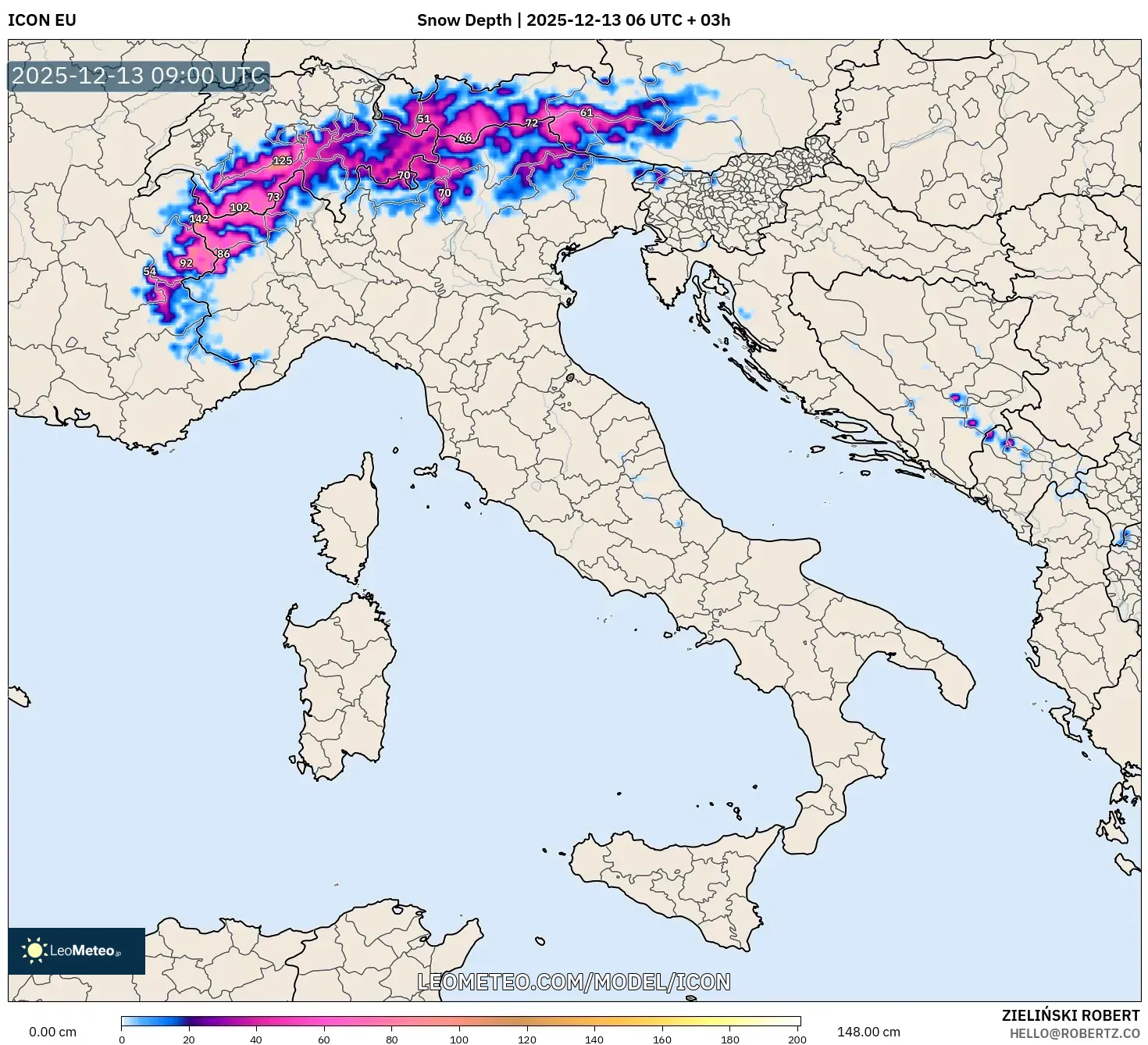 ICON model - Italia, Kedalaman Salju