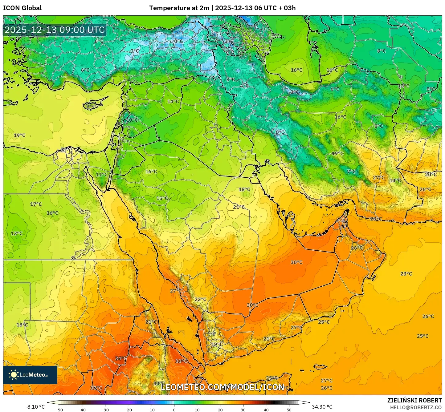 ICON model - Timur Tengah, Suhu 2 m