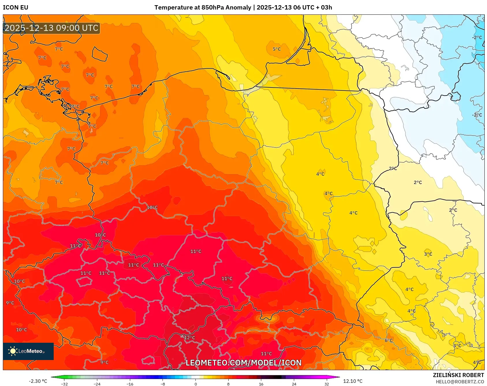ICON model - Polandia, Anomali Suhu 850 hPa