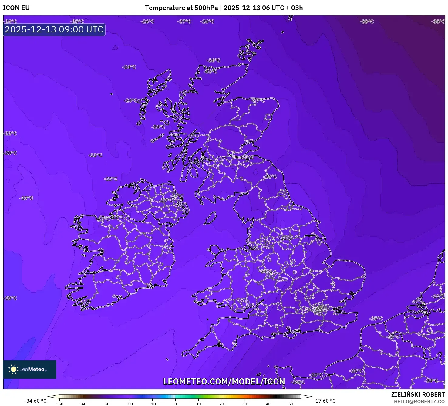 ICON model - Britania Raya, Suhu 500 hPa