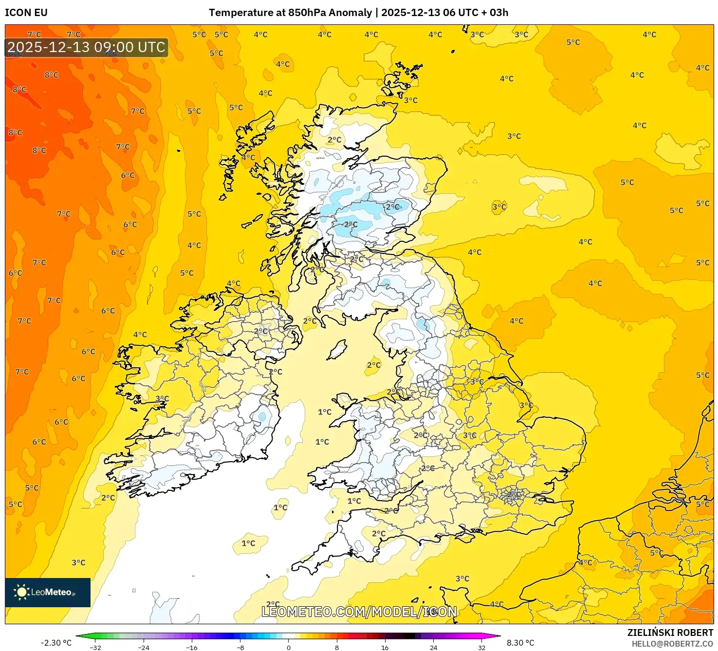 ICON model - Britania Raya, Anomali Suhu 850 hPa