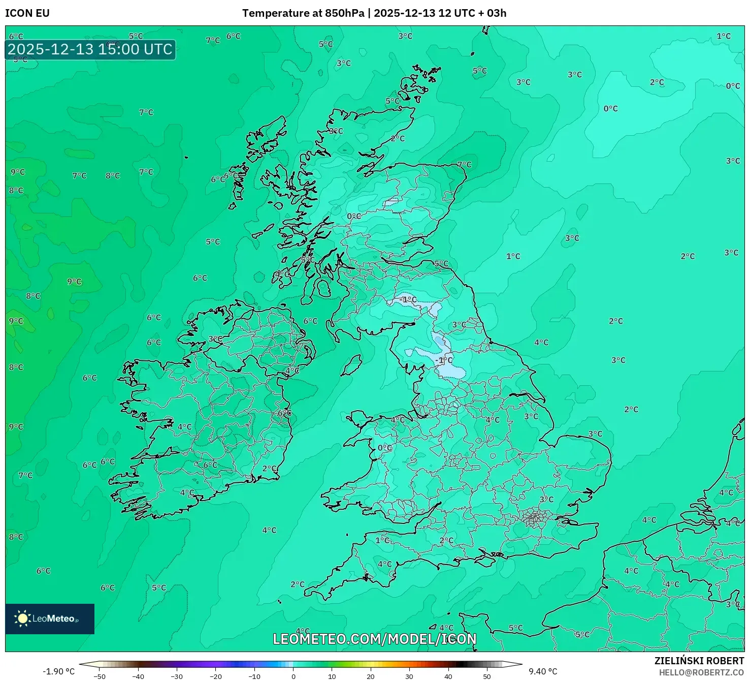 ICON model - Britania Raya, Suhu 850 hPa