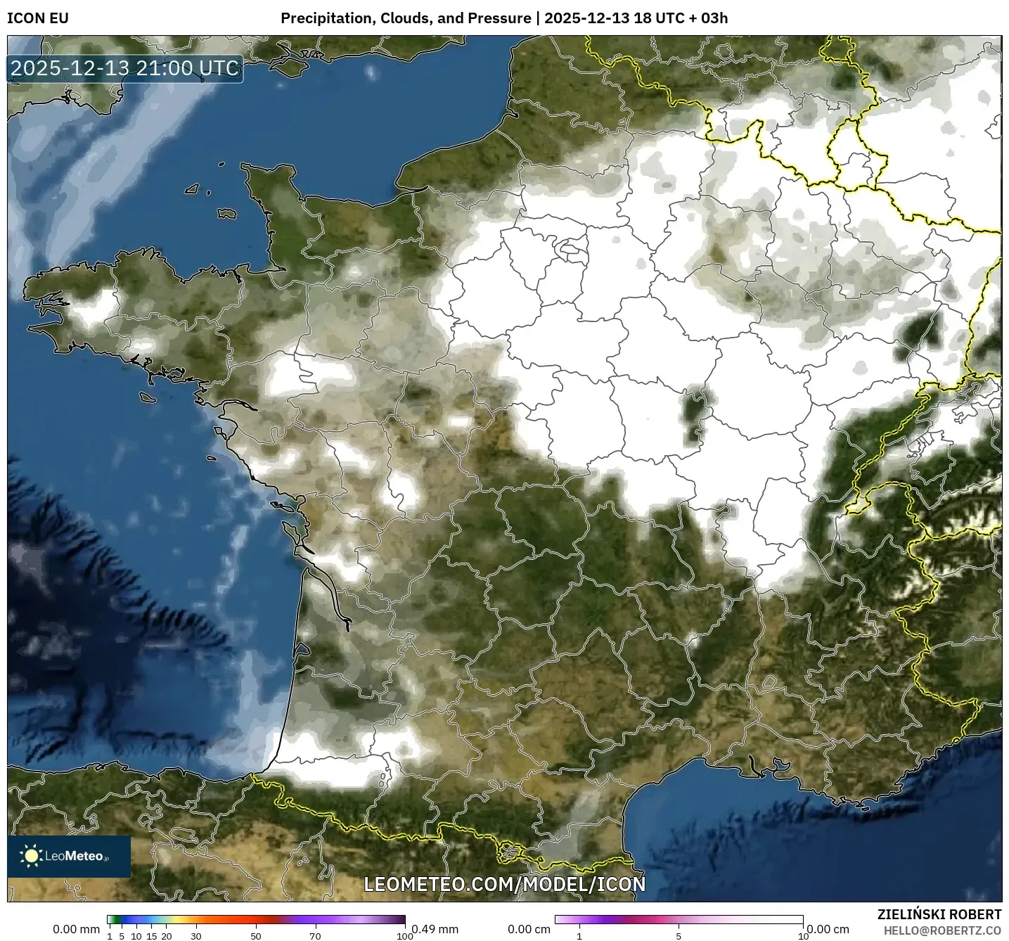 ICON model - France, Precipitation, Clouds, and Pressure