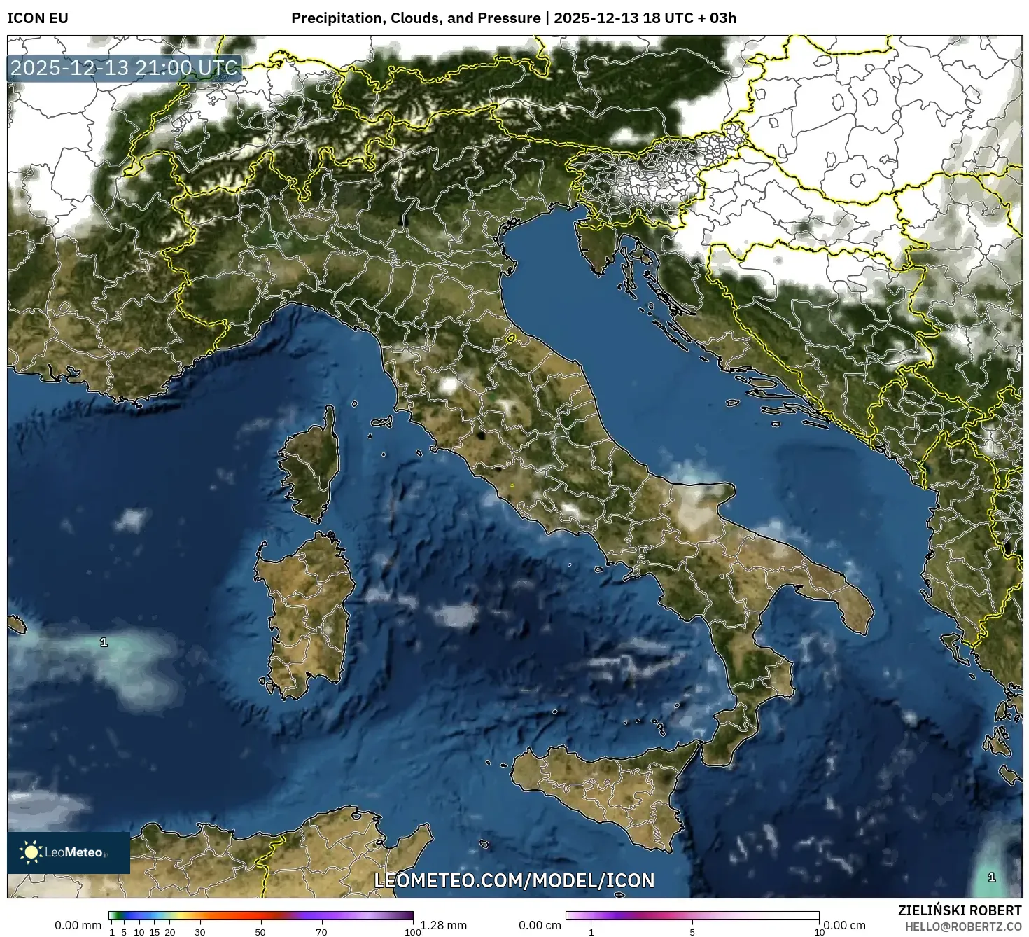 ICON model - Itali, Hujan, Awan dan Tekanan