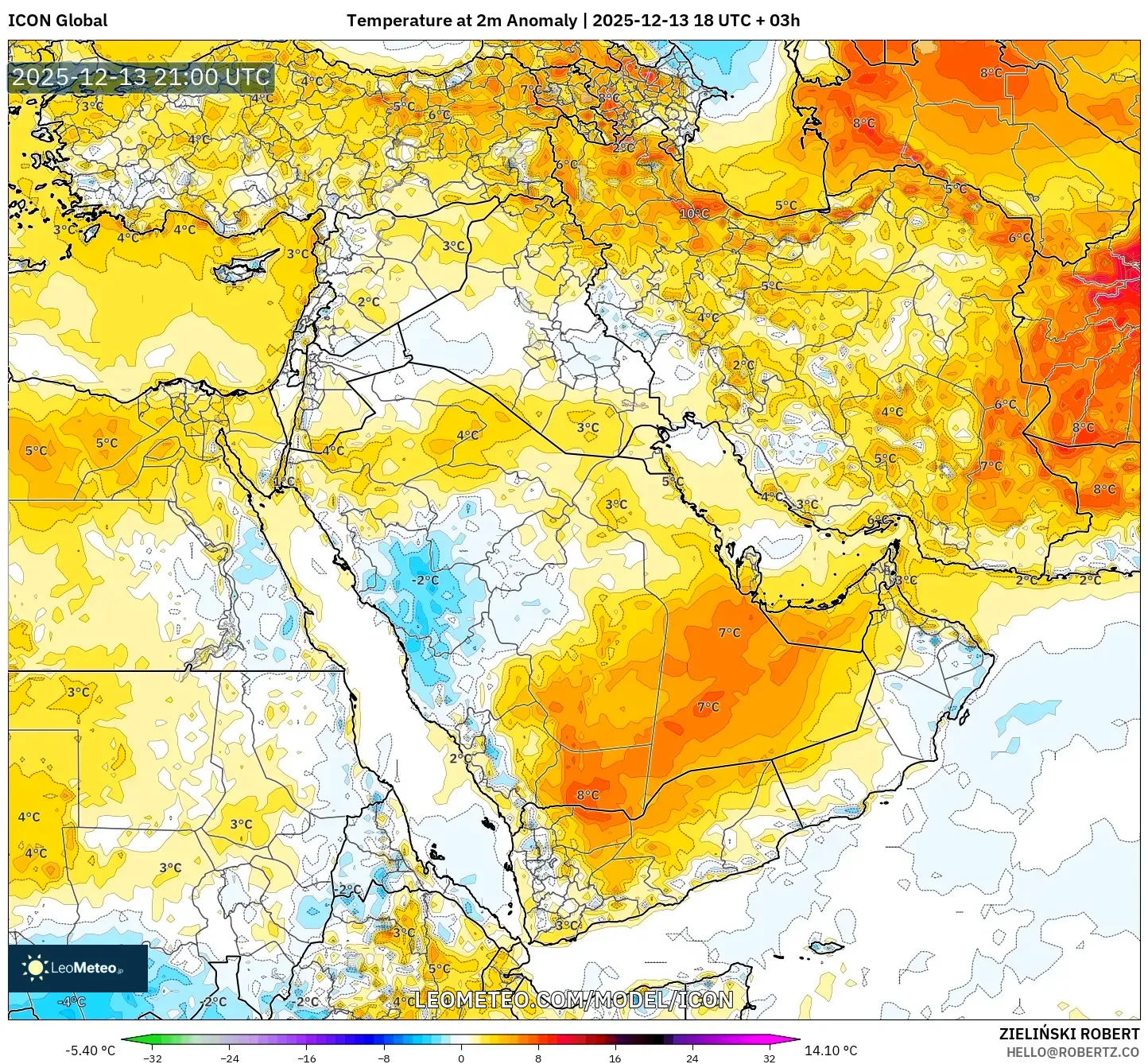 ICON model - Timur Tengah, Anomali Suhu 2 m