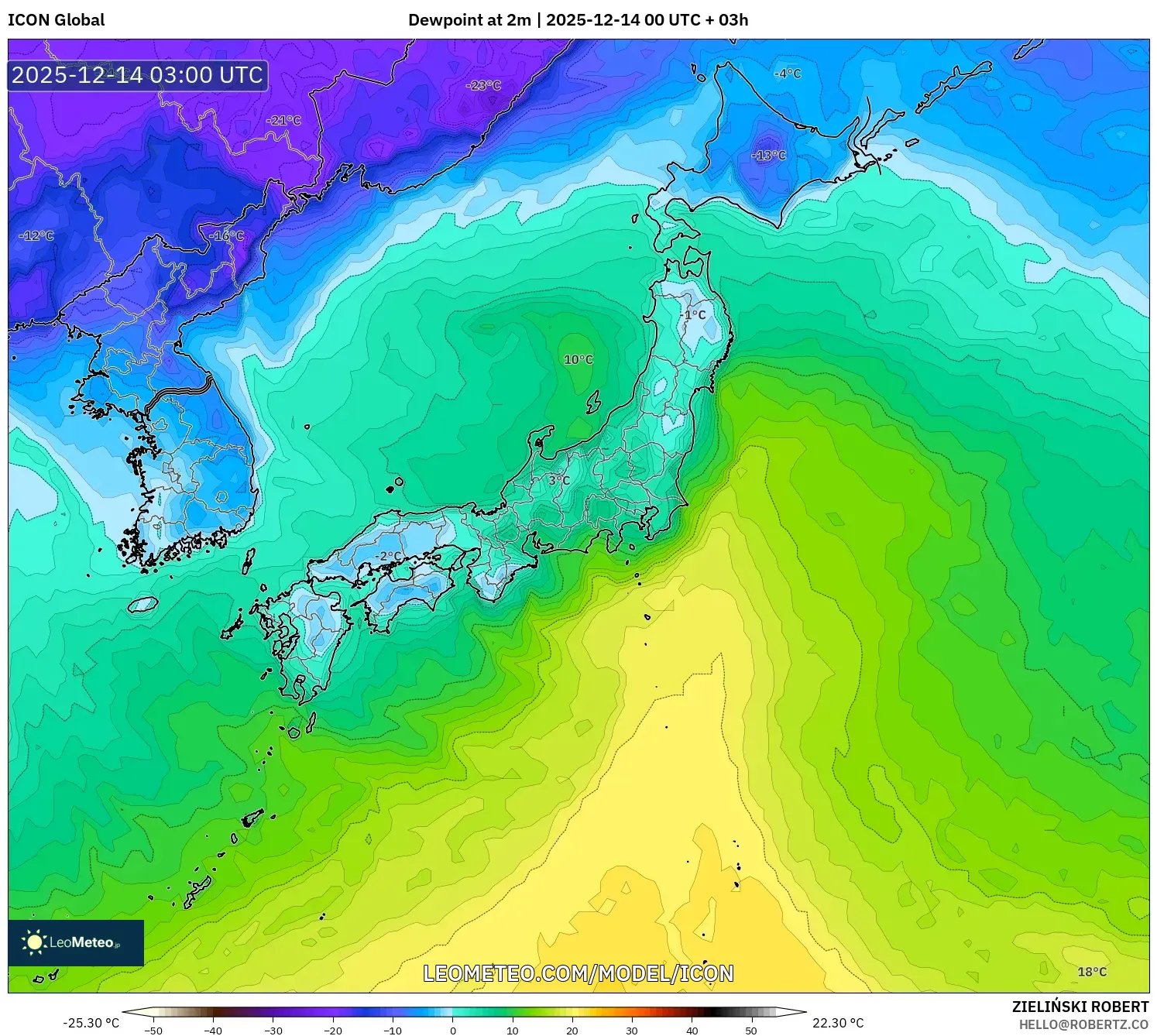 ICON model - Japan, Dewpoint at 2m