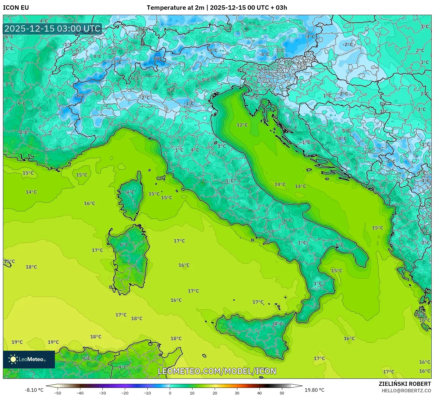 ICON model - Italy, Temperature at 2m