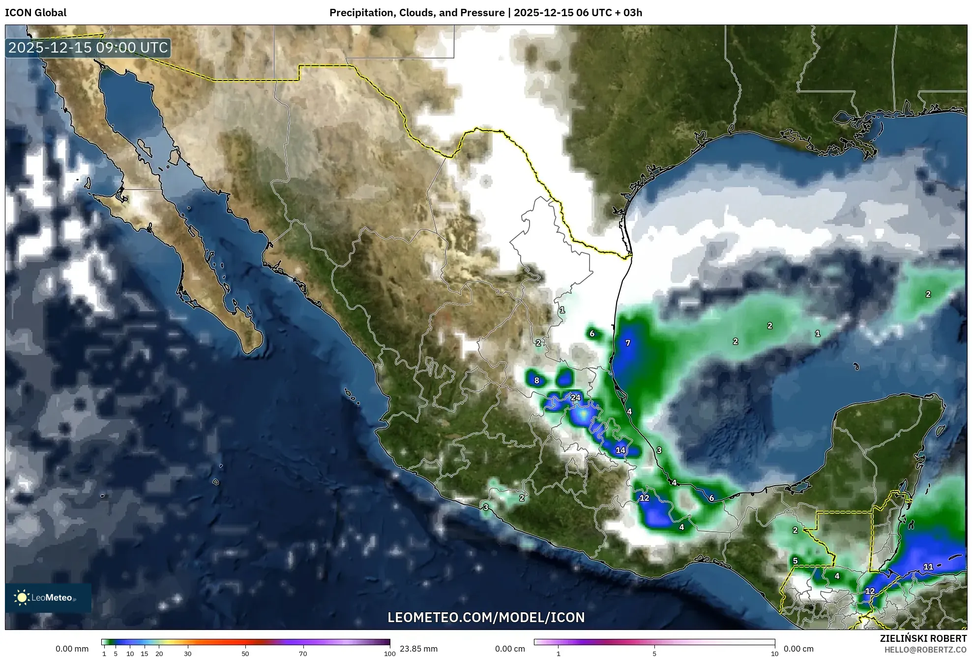 ICON model - Mexico, Precipitation, Clouds, and Pressure