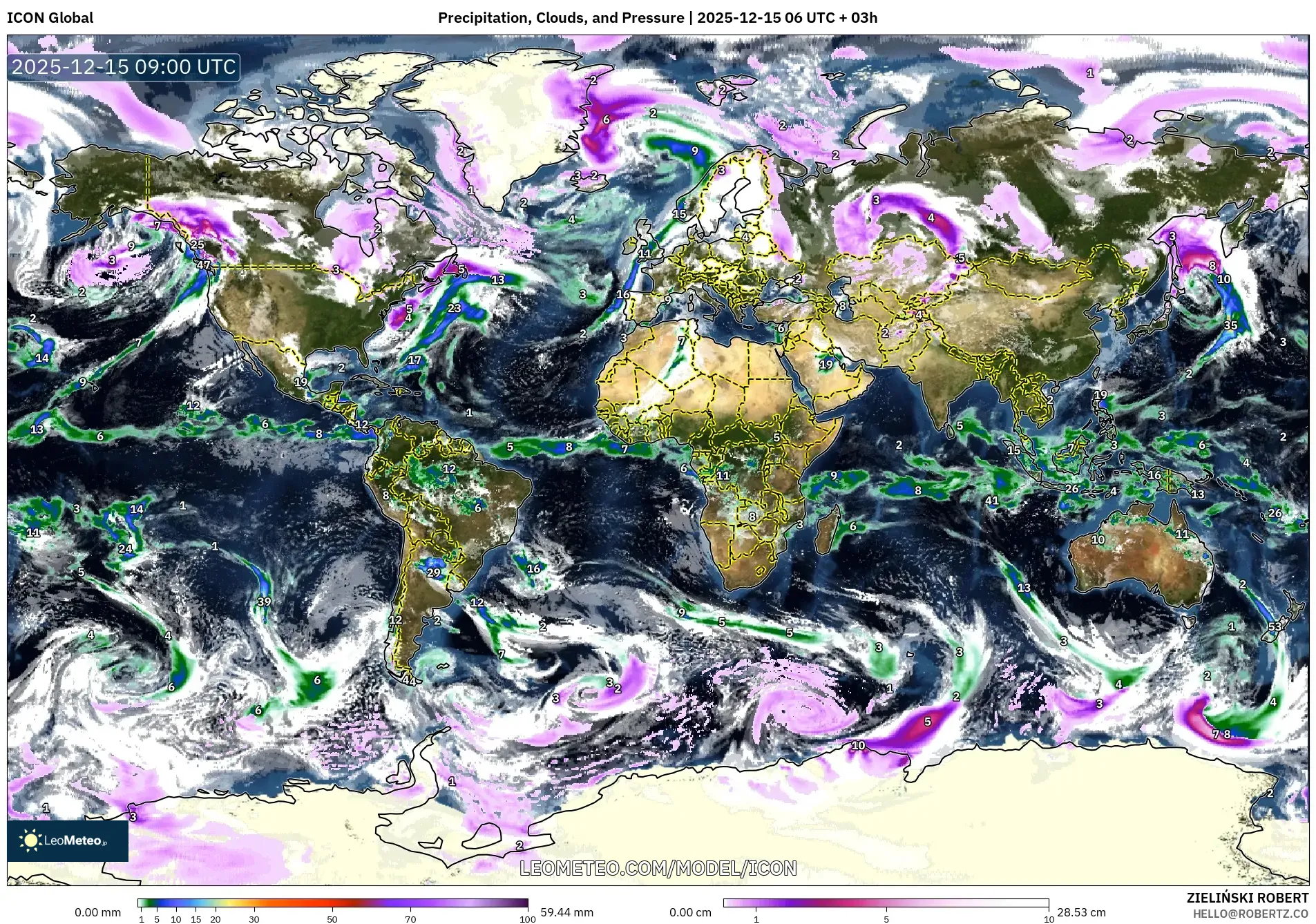 ICON model - World, Precipitation, Clouds, and Pressure