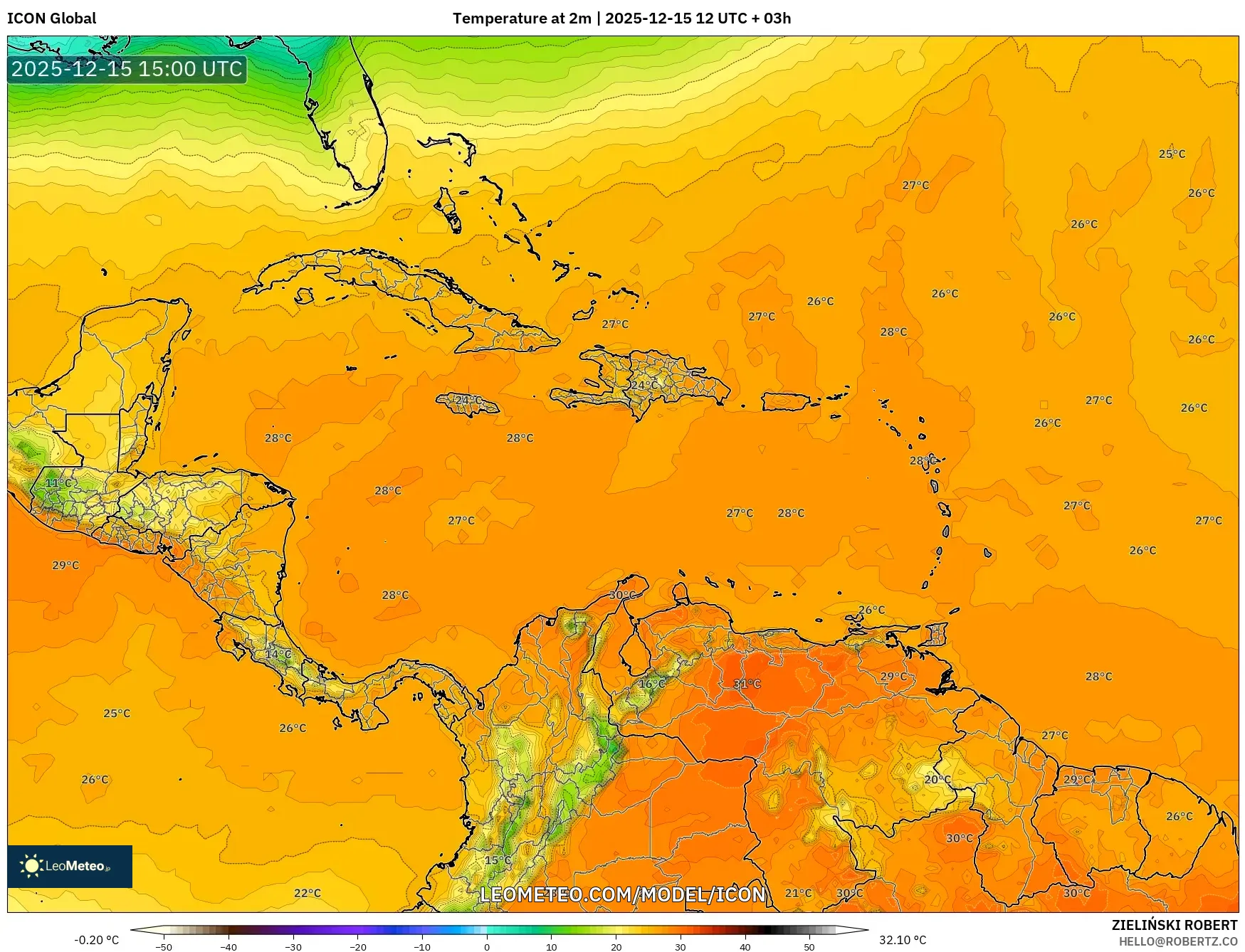 ICON model - Caribbean, Temperature at 2m
