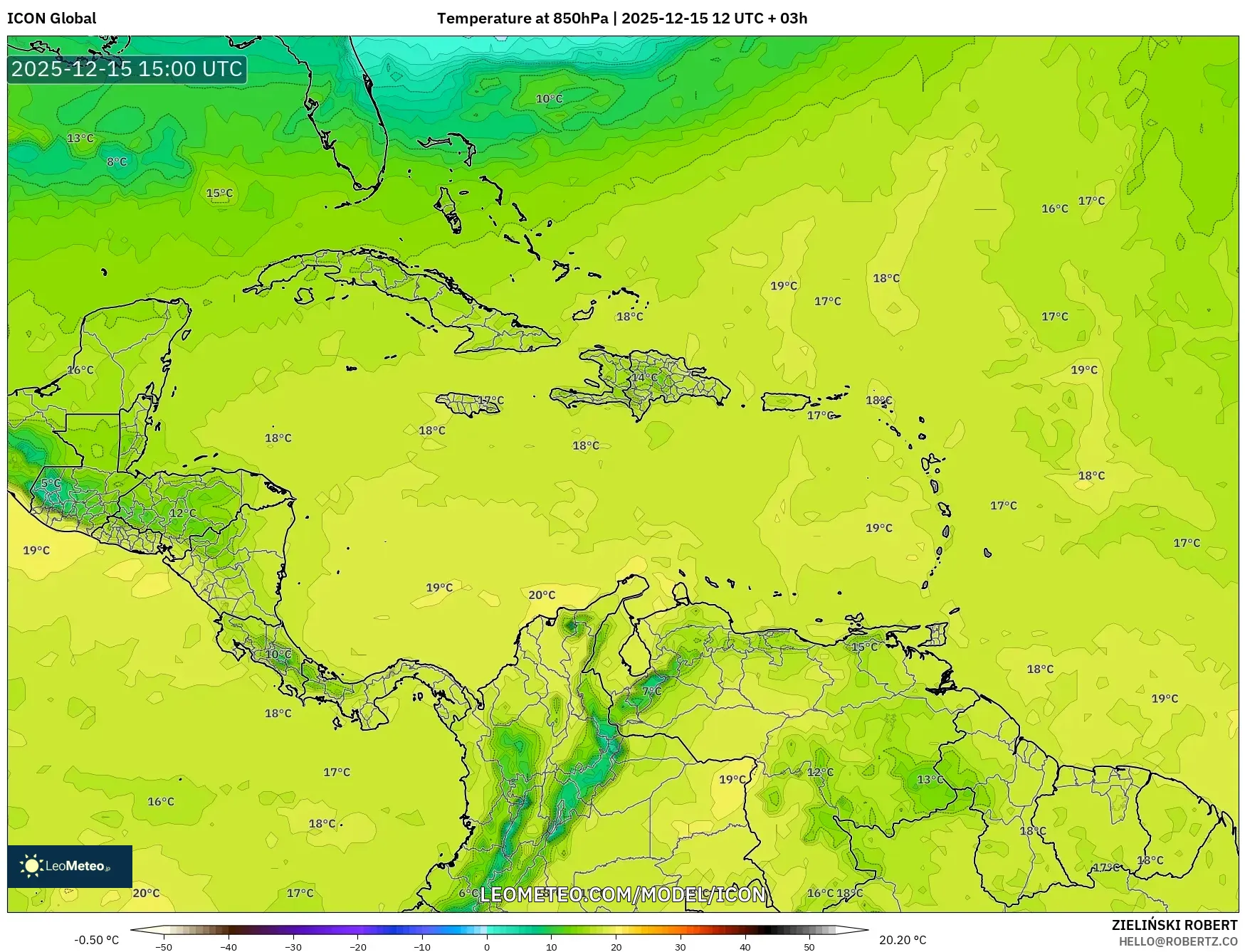 ICON model - Caribbean, Temperature at 850hPa
