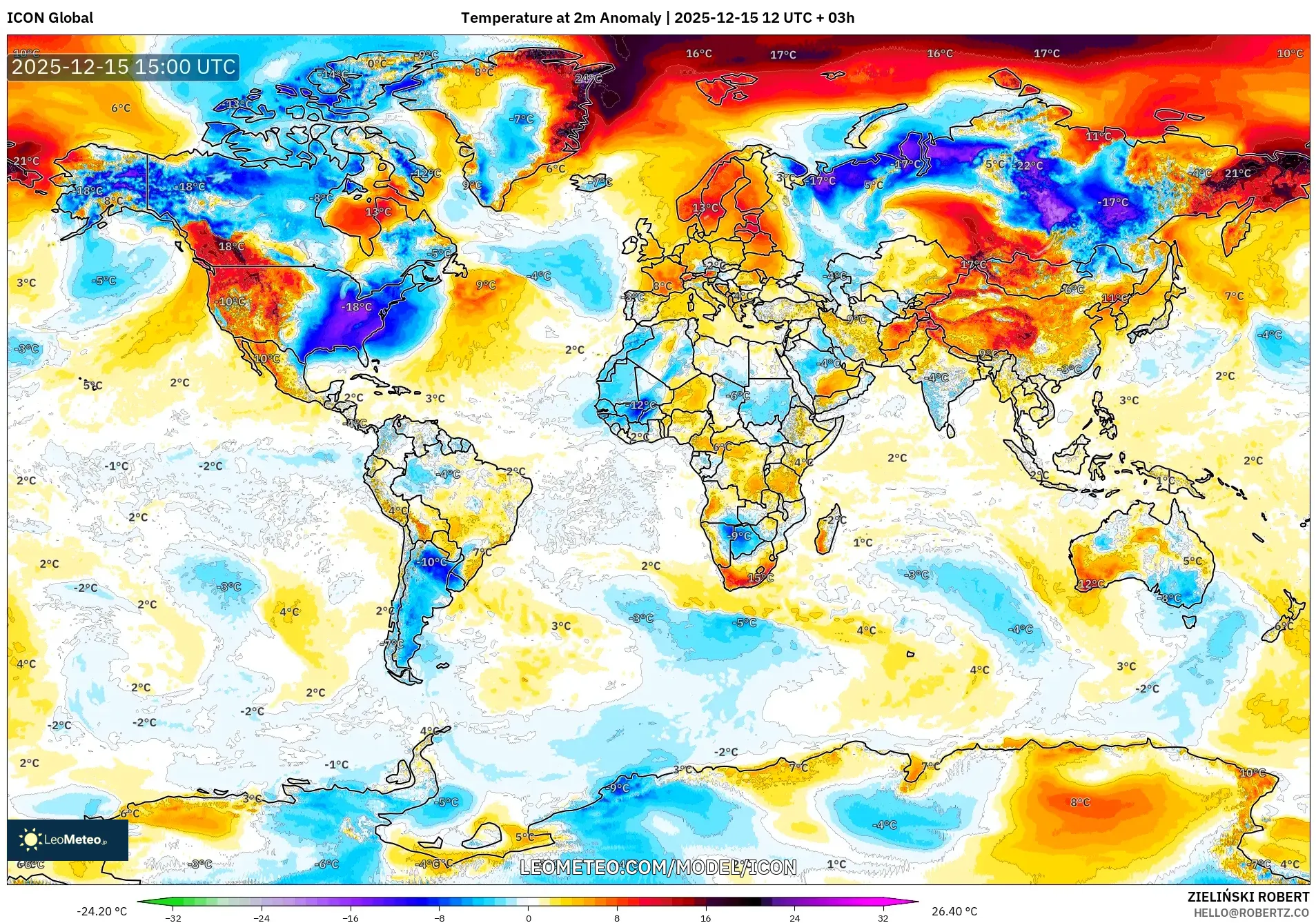 ICON model - World, Temperature at 2m Anomaly