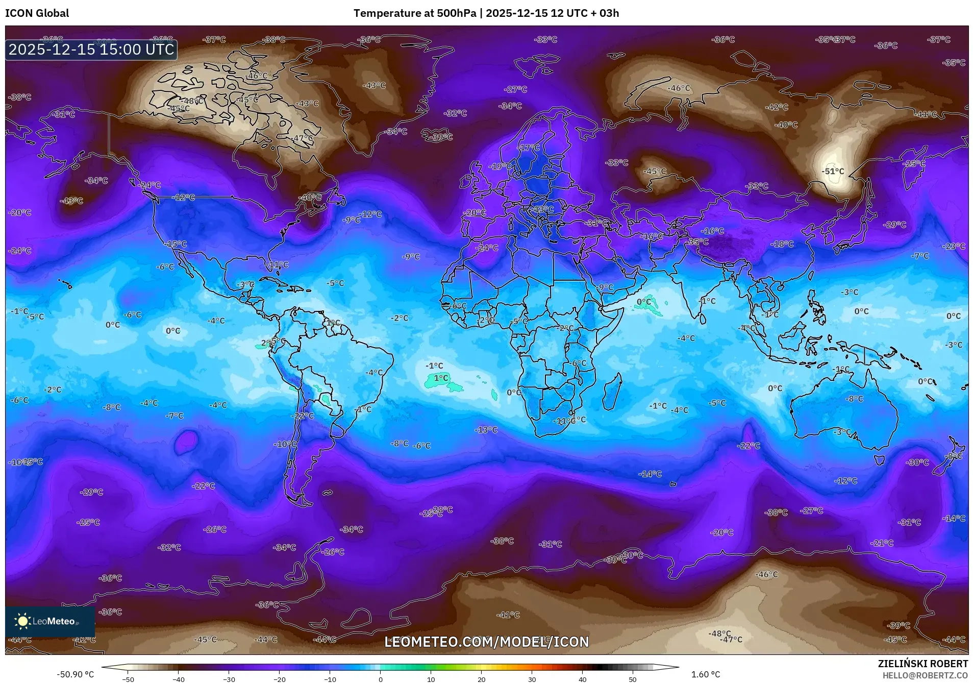 ICON model - World, Temperature at 500hPa