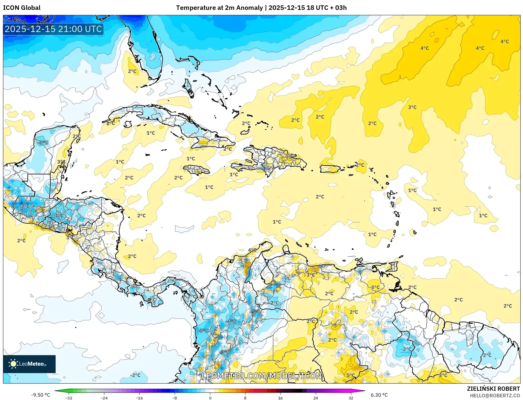 ICON model - Caribbean, Temperature at 2m Anomaly