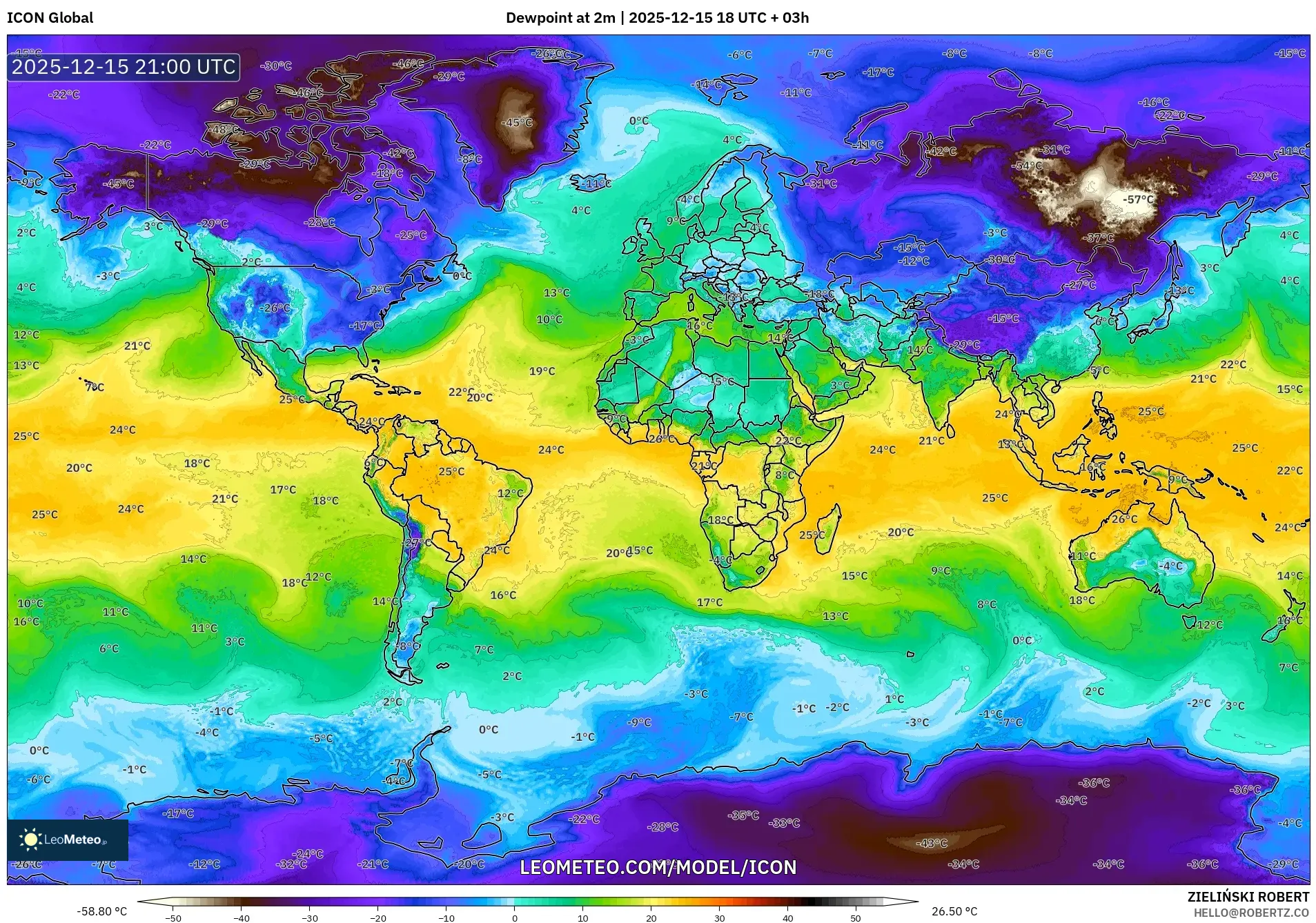 ICON model - World, Dewpoint at 2m