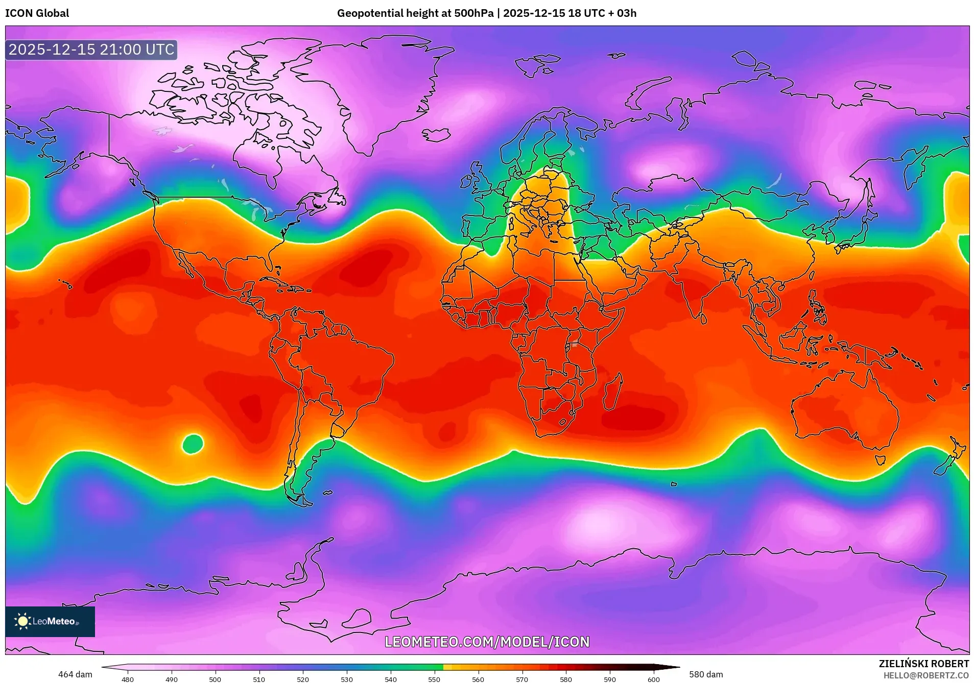 ICON model - World, Geopotential height at 500hPa