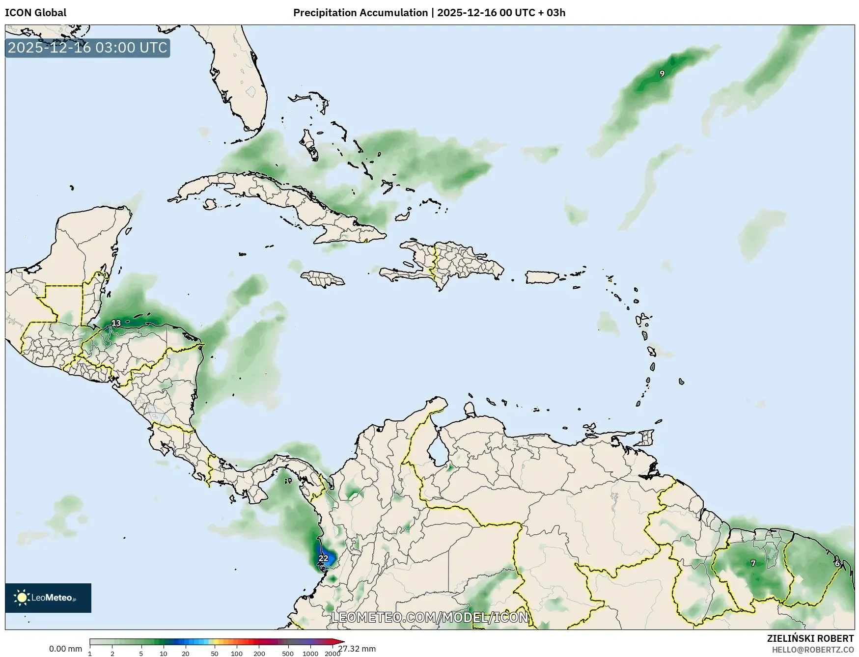 ICON model - Caribbean, Precipitation Accumulation