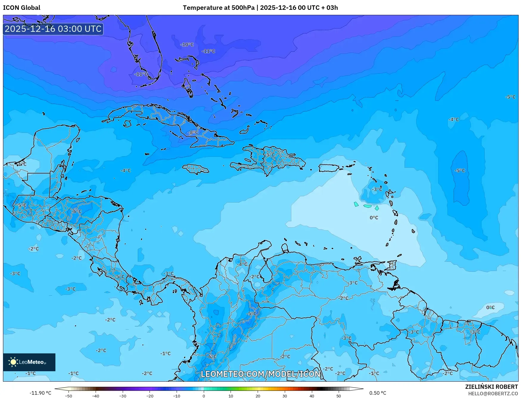 ICON model - Caribbean, Temperature at 500hPa
