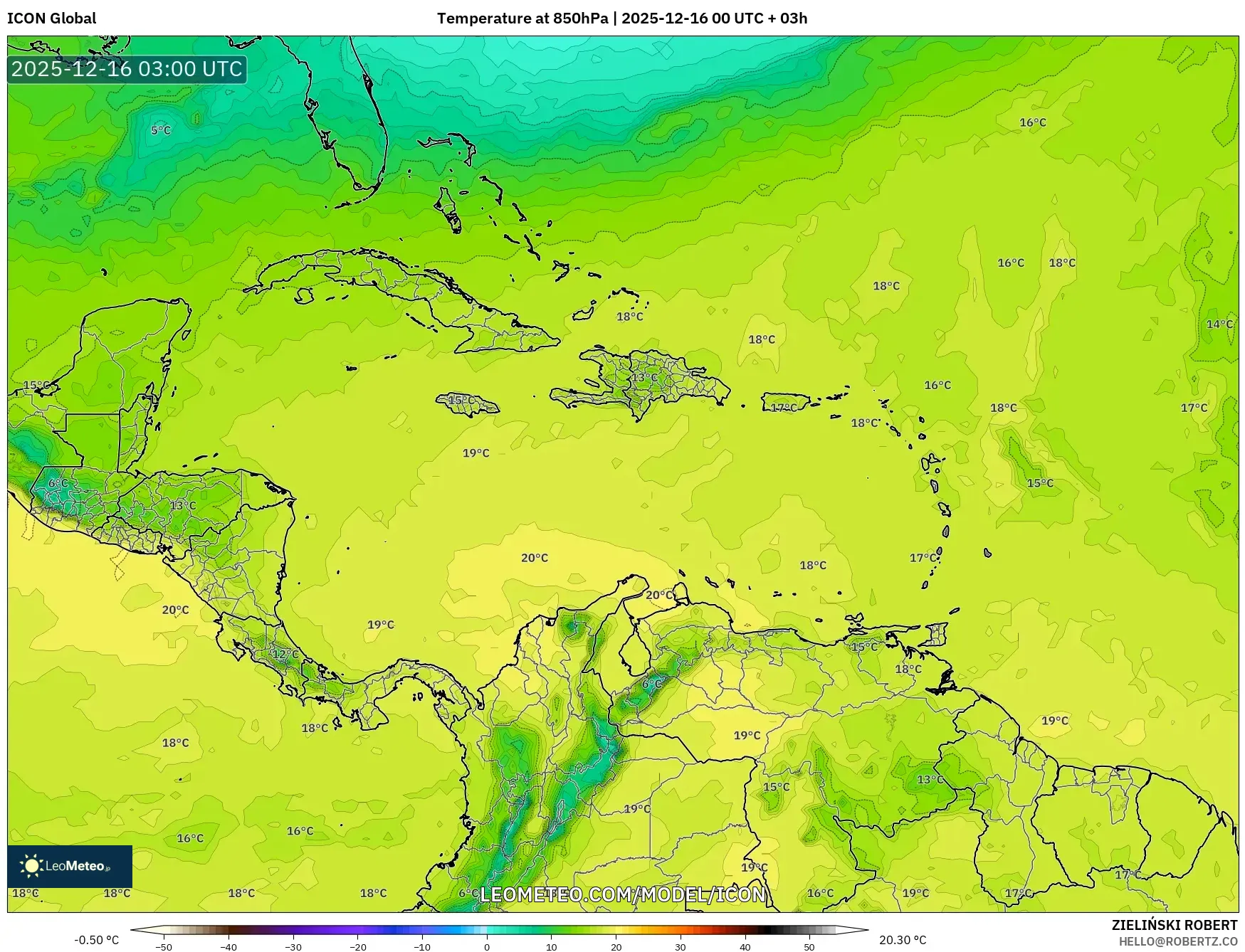 ICON model - Caribbean, Temperature at 850hPa
