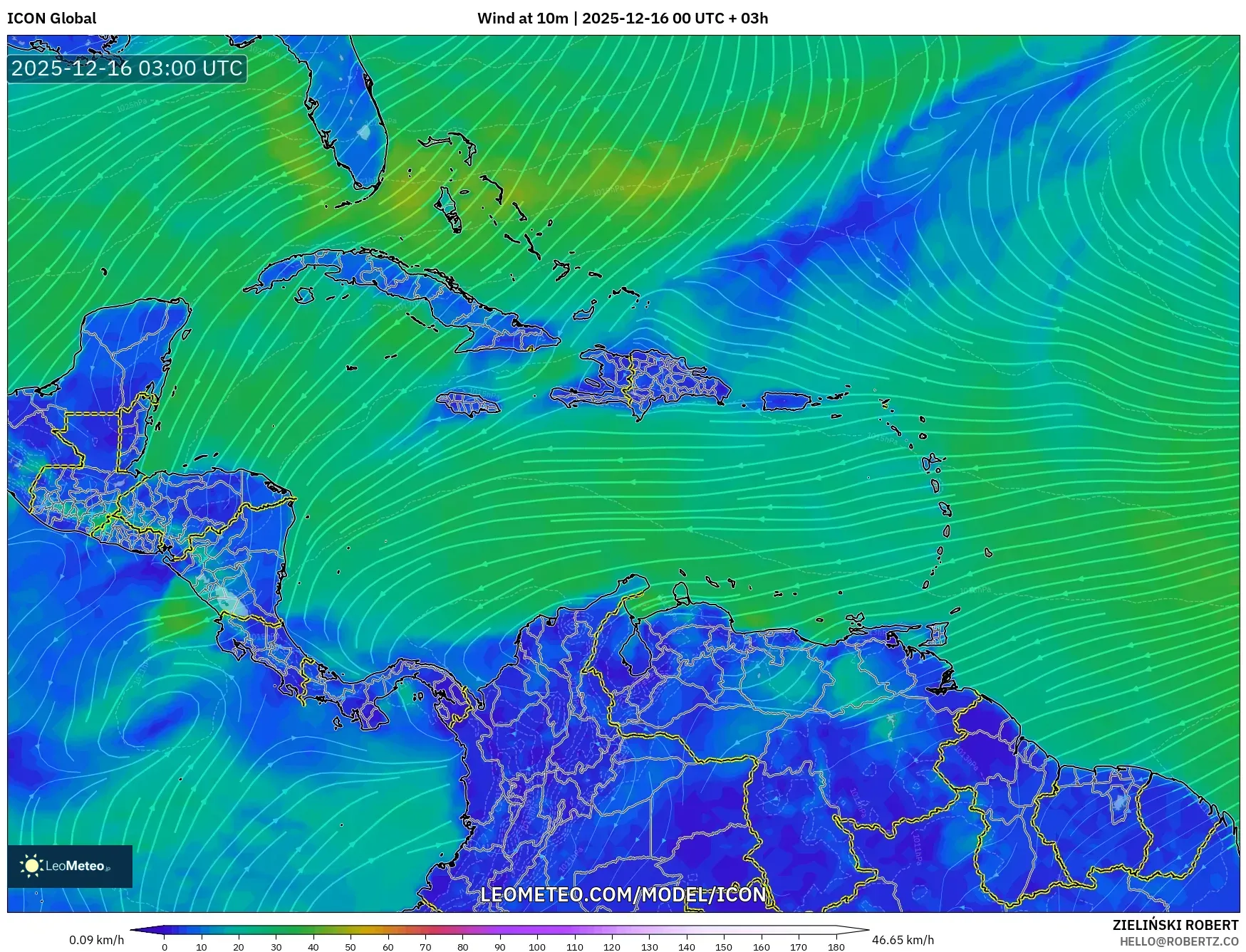 ICON model - Caribbean, Wind at 10m