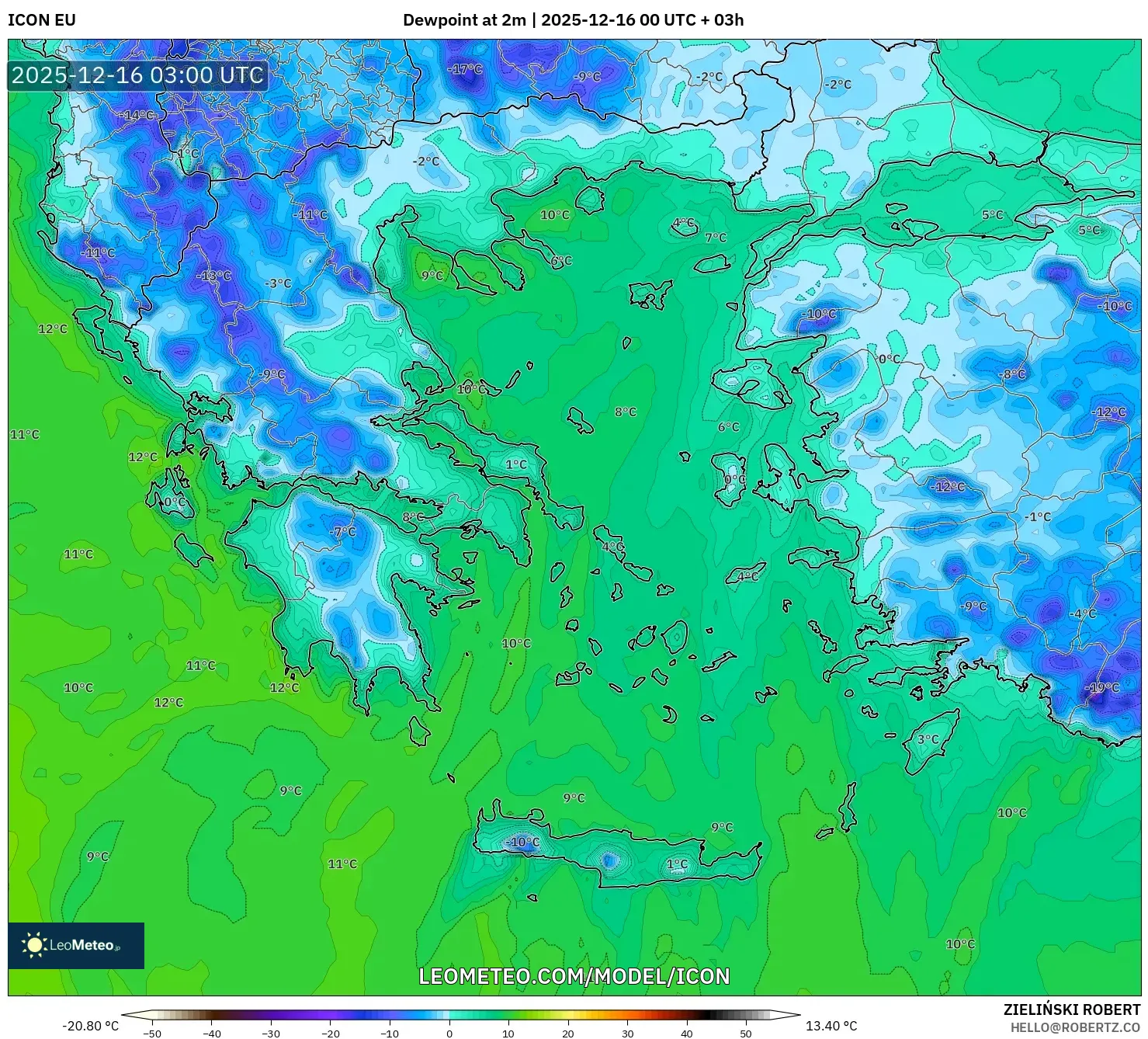 ICON model - Greece, Dewpoint at 2m