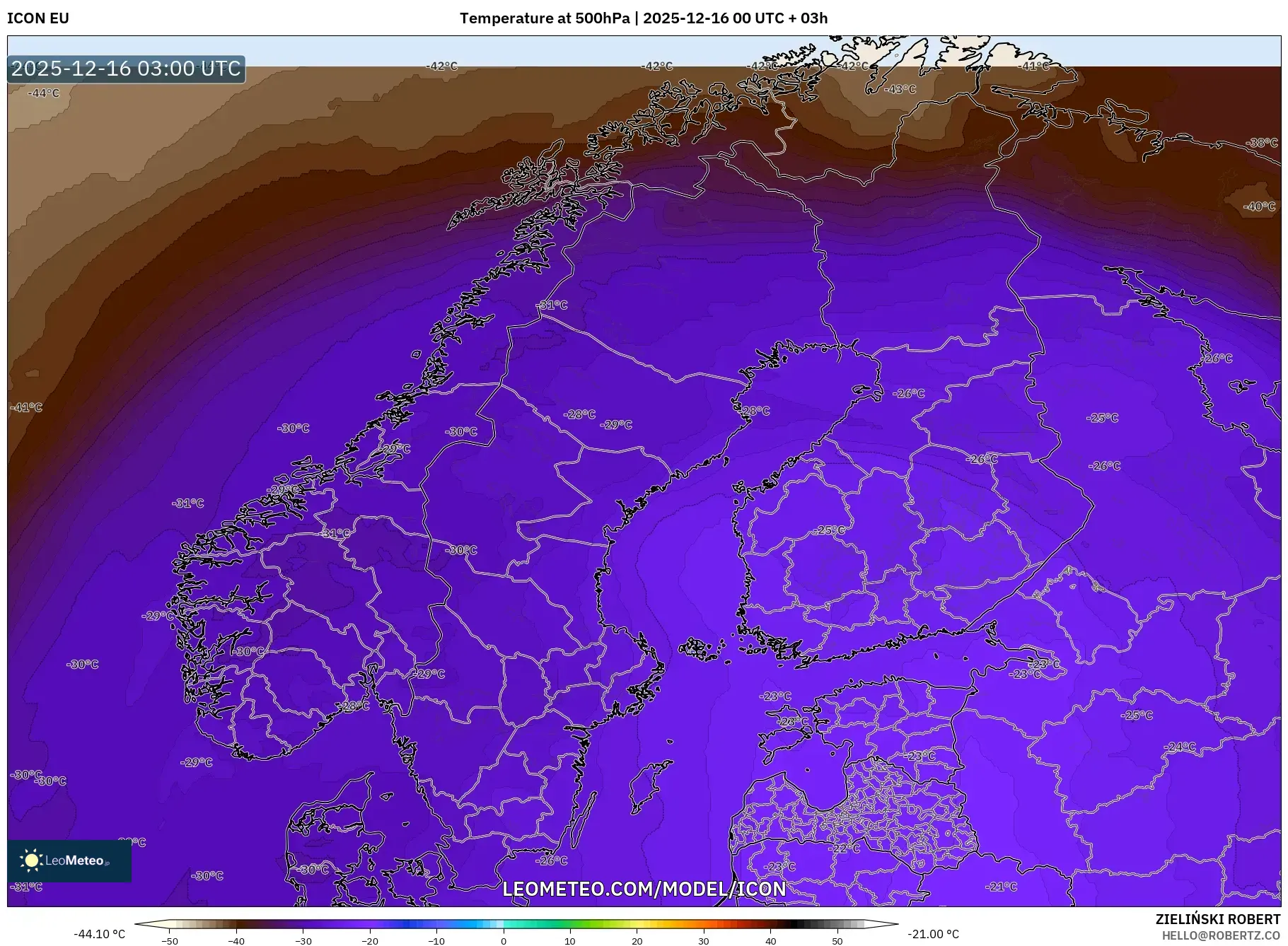 ICON model - Scandinavia, Temperature at 500hPa