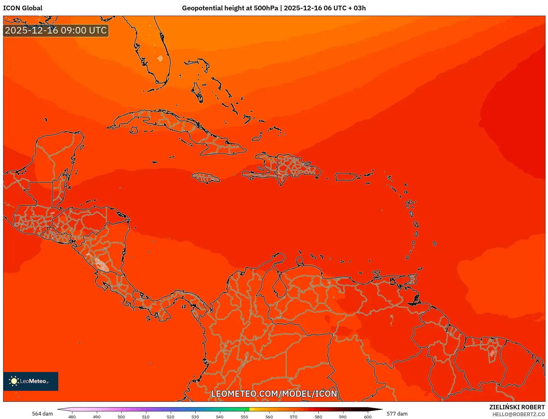 ICON model - Caribbean, Geopotential height at 500hPa