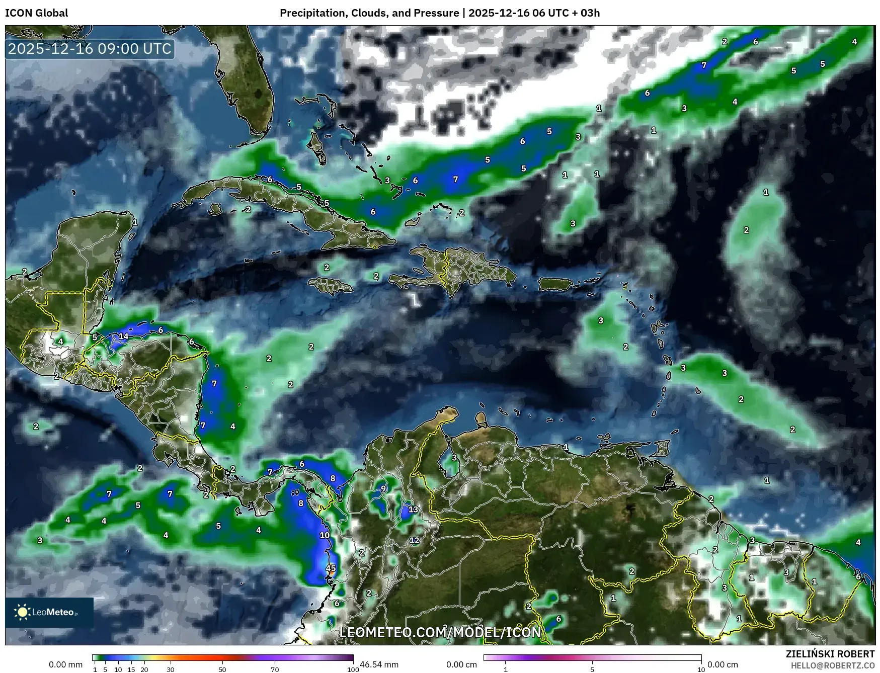 ICON model - Caribbean, Precipitation, Clouds, and Pressure