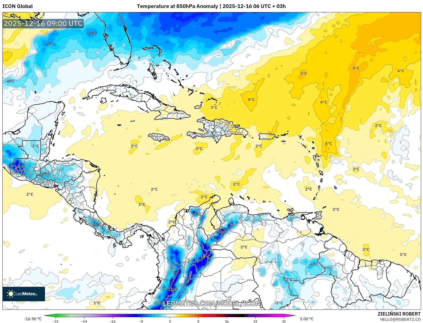 ICON model - Caribbean, Temperature at 850hPa Anomaly