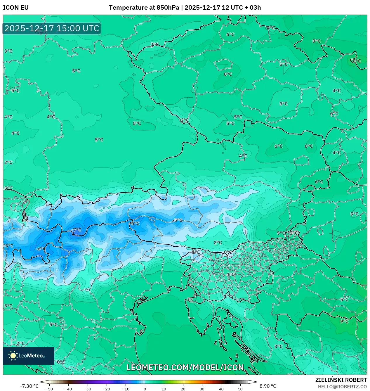 ICON model - Austria, Temperature at 850hPa
