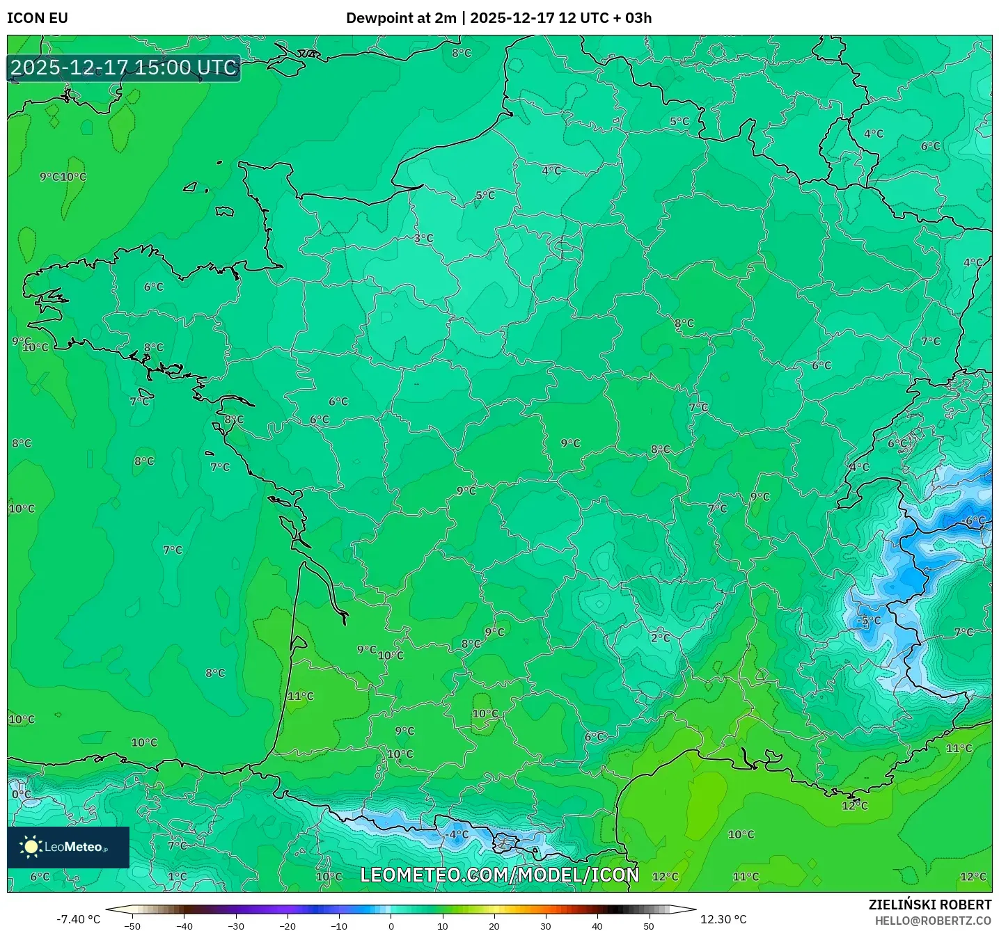 ICON model - France, Dewpoint at 2m