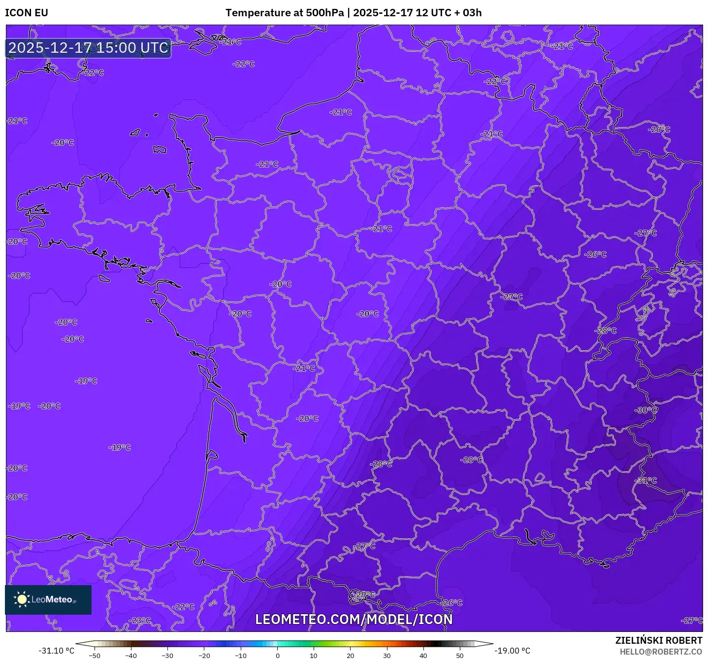 ICON model - France, Temperature at 500hPa