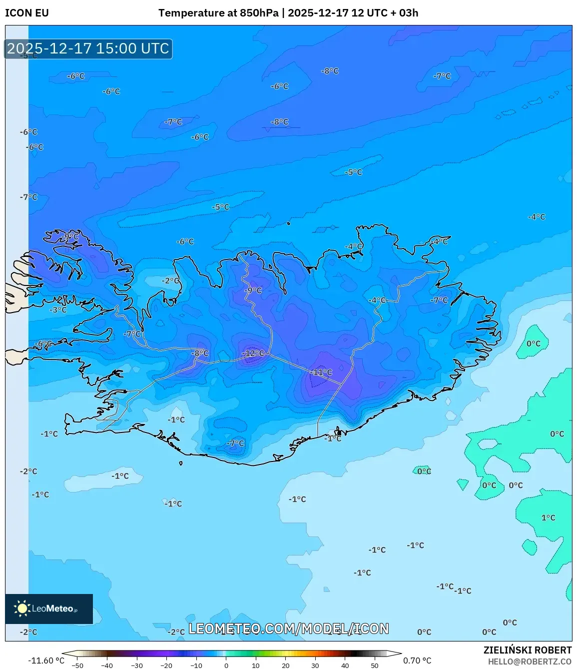 ICON model - Iceland, Temperature at 850hPa