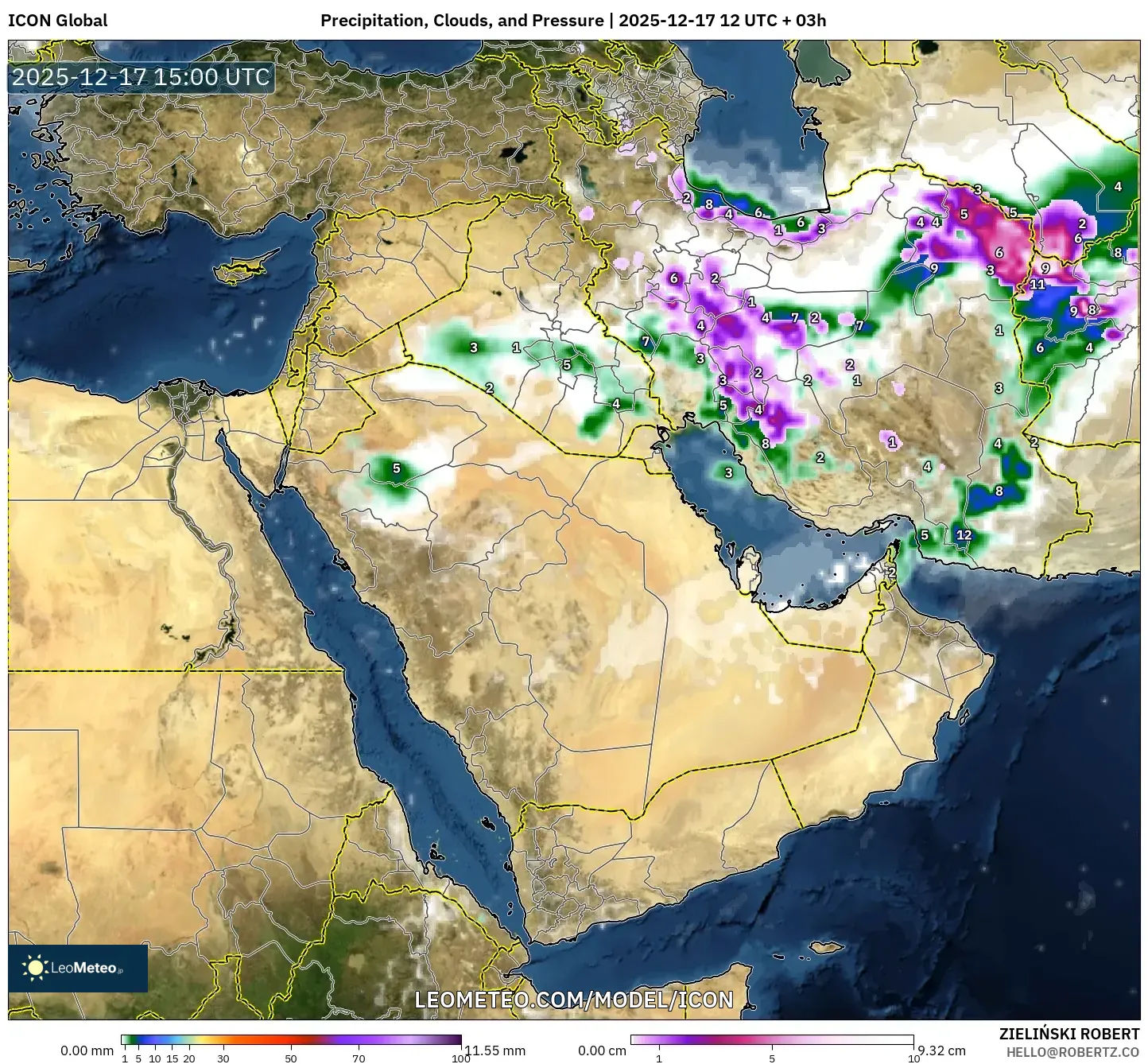 ICON model - Middle East, Precipitation, Clouds, and Pressure