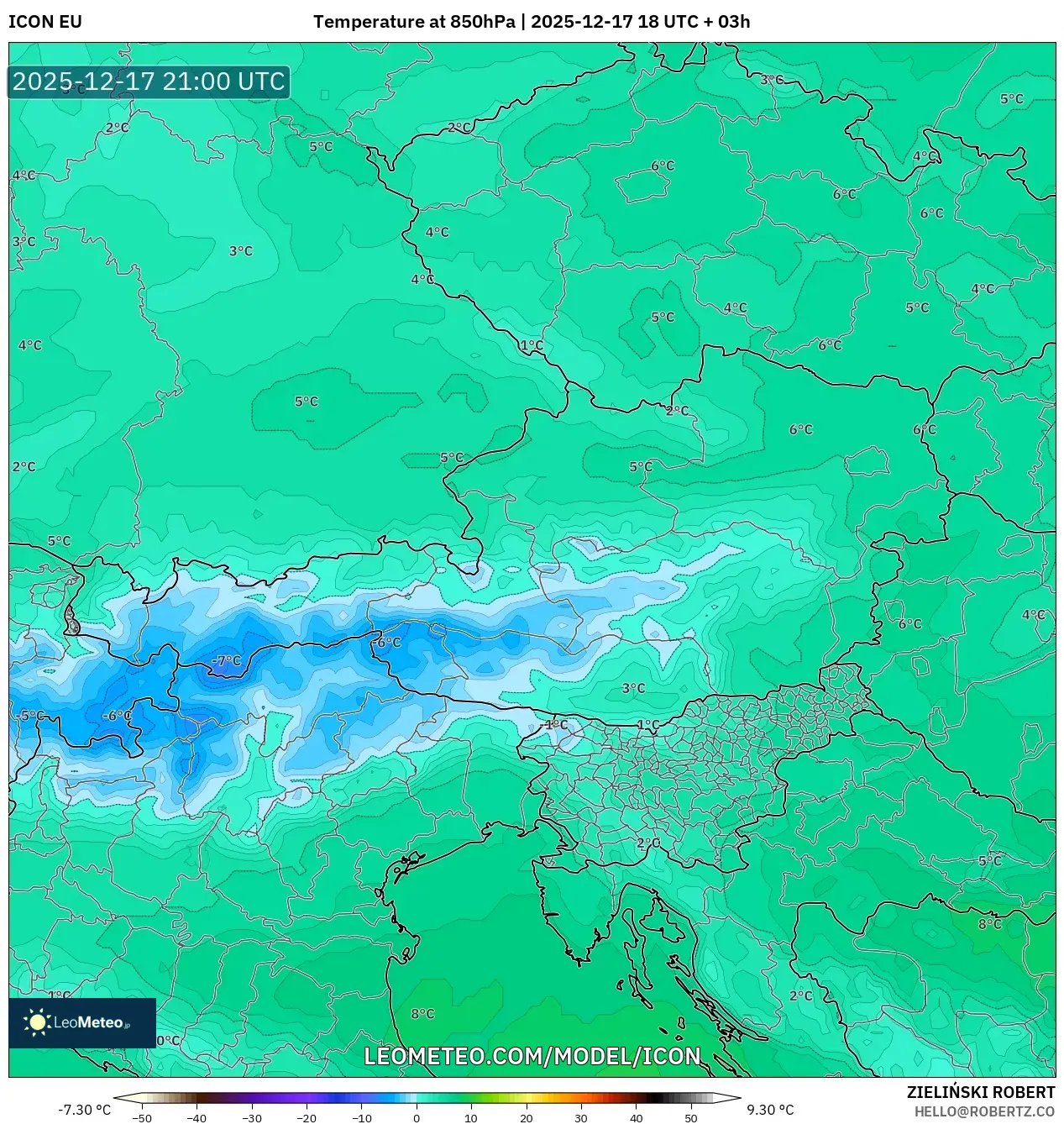 ICON model - Austria, Temperature at 850hPa