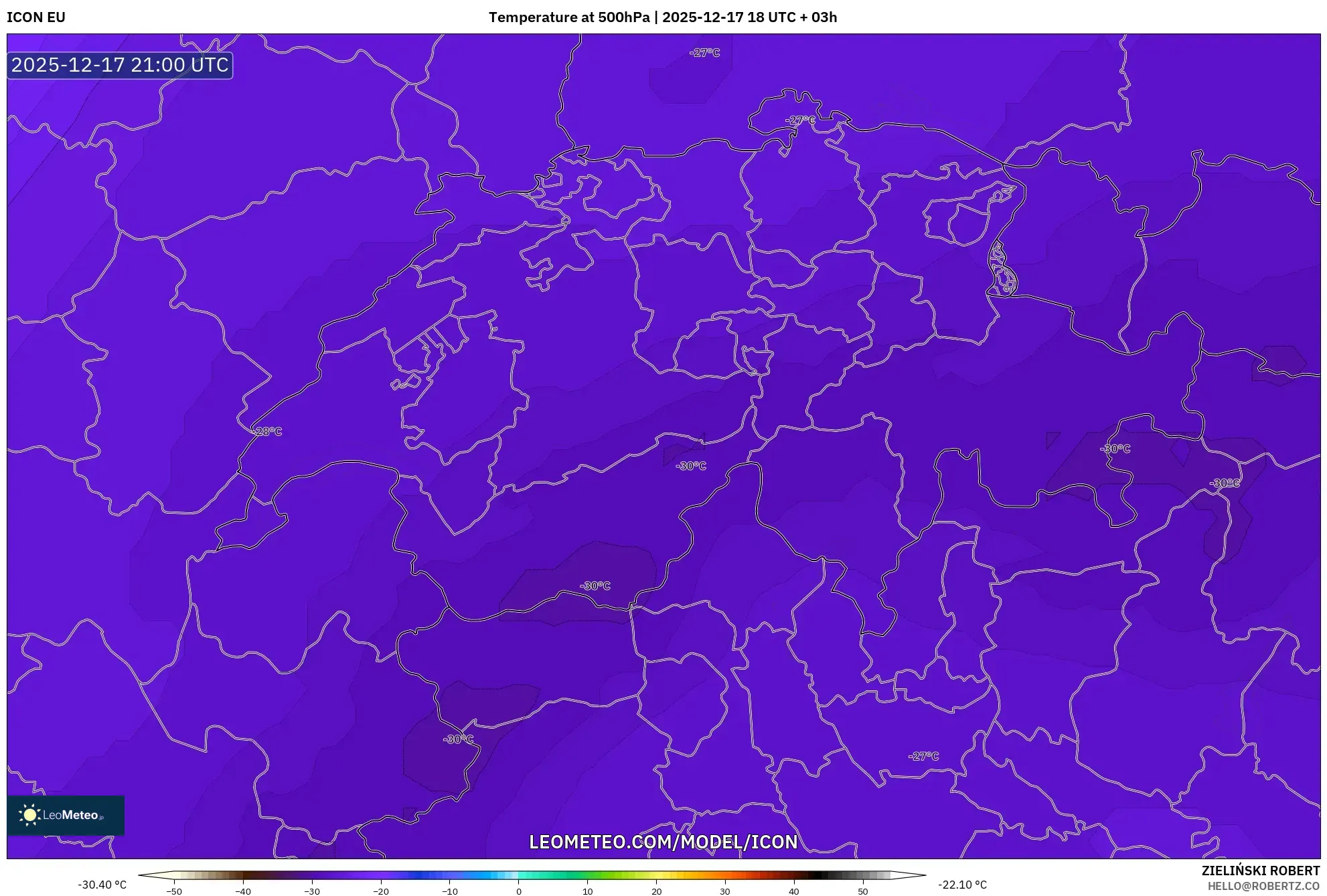ICON model - Switzerland, Temperature at 500hPa