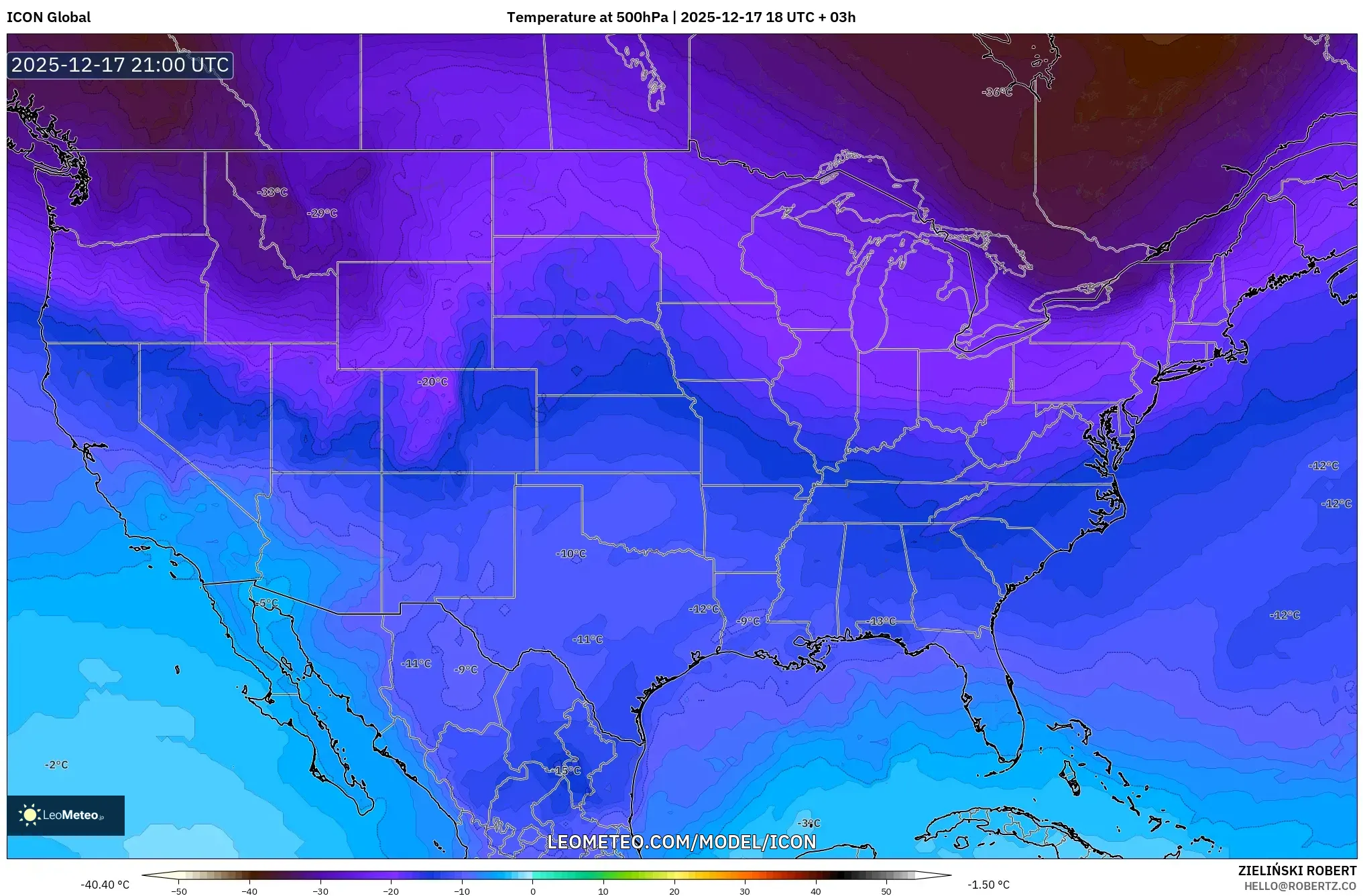 ICON model - United States, Temperature at 500hPa