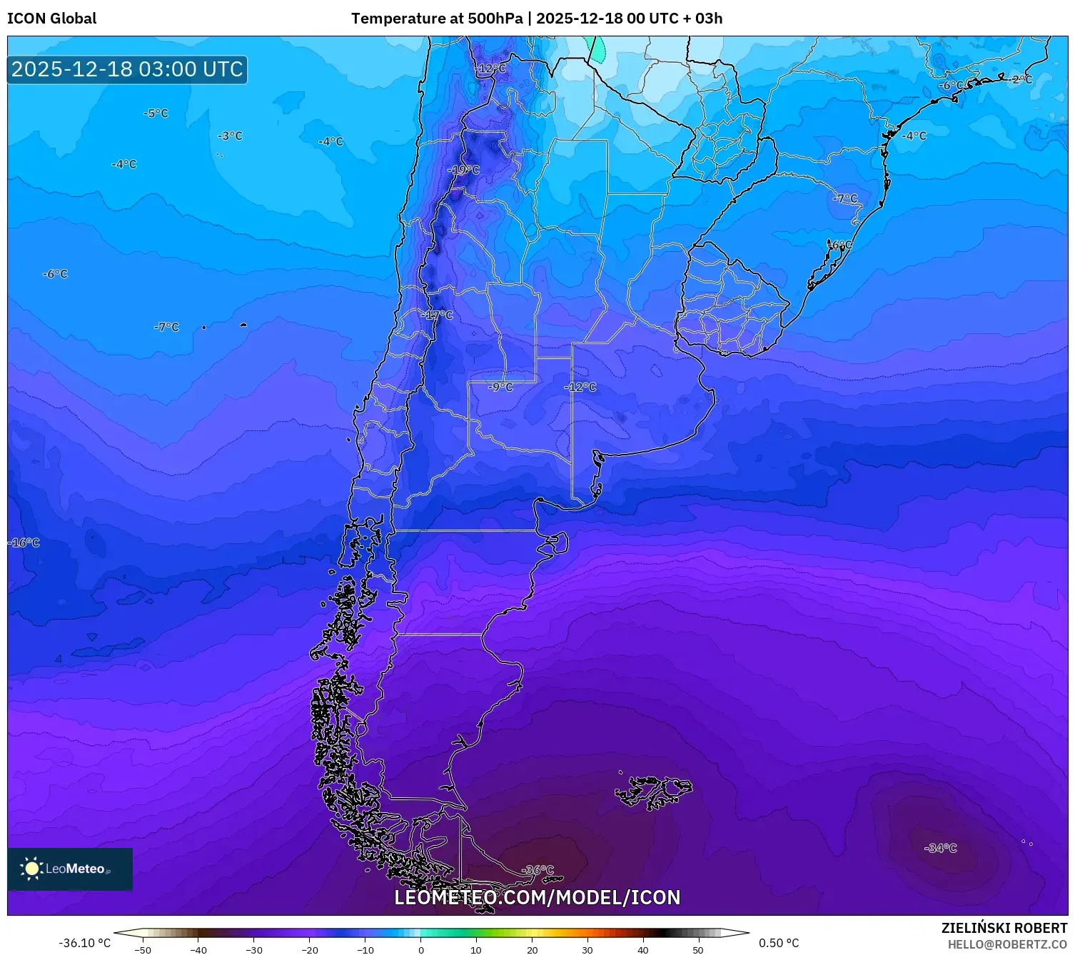 ICON model - Argentina, Temperature at 500hPa