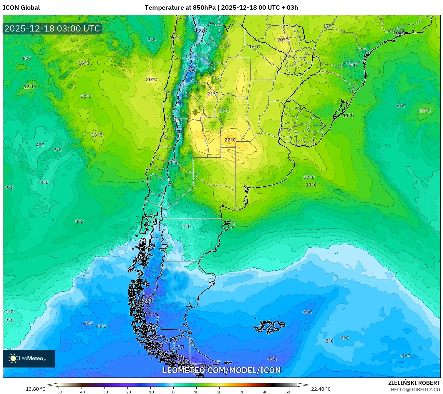 ICON model - Argentina, Temperature at 850hPa