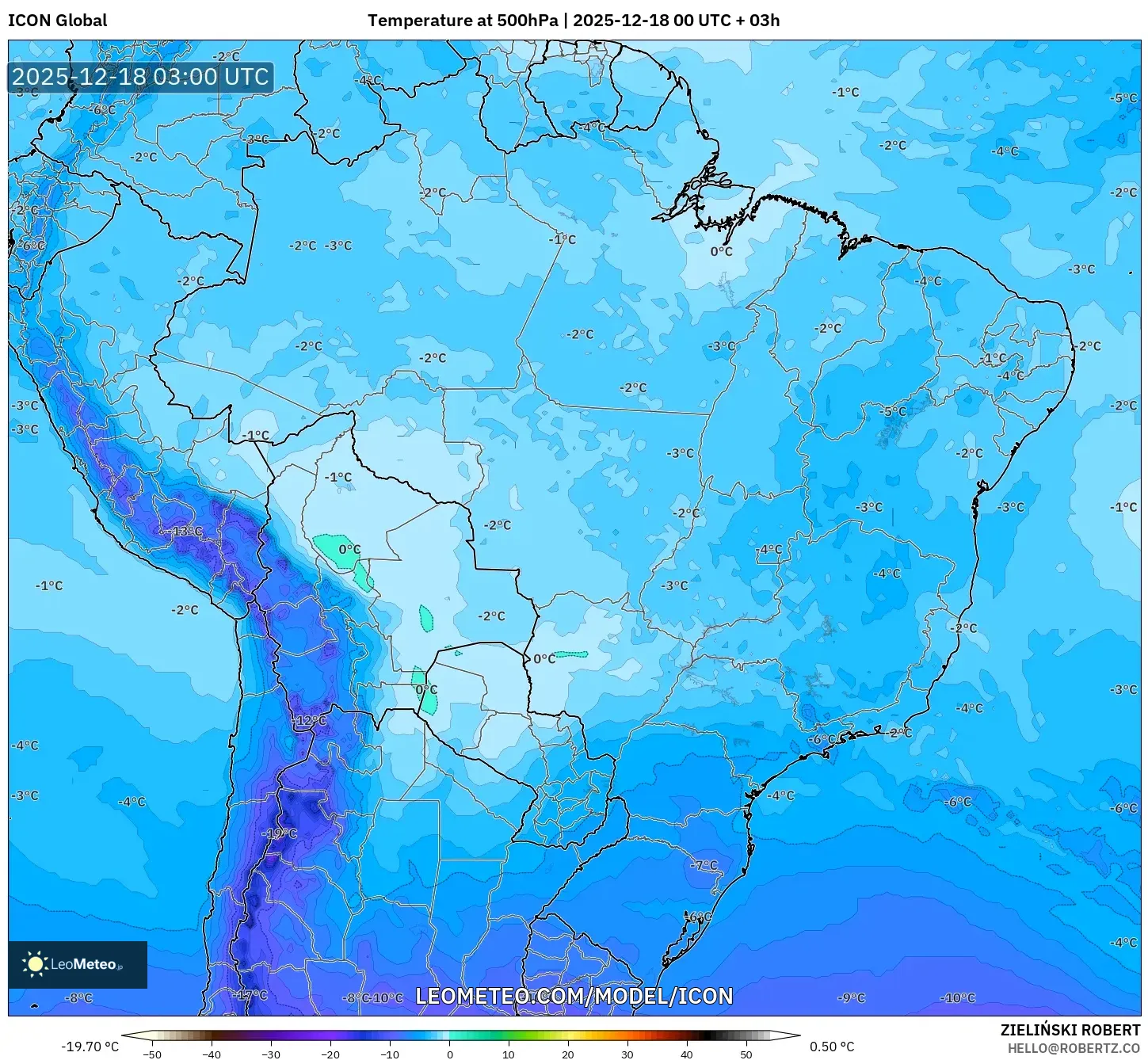 ICON model - Brazil, Temperature at 500hPa