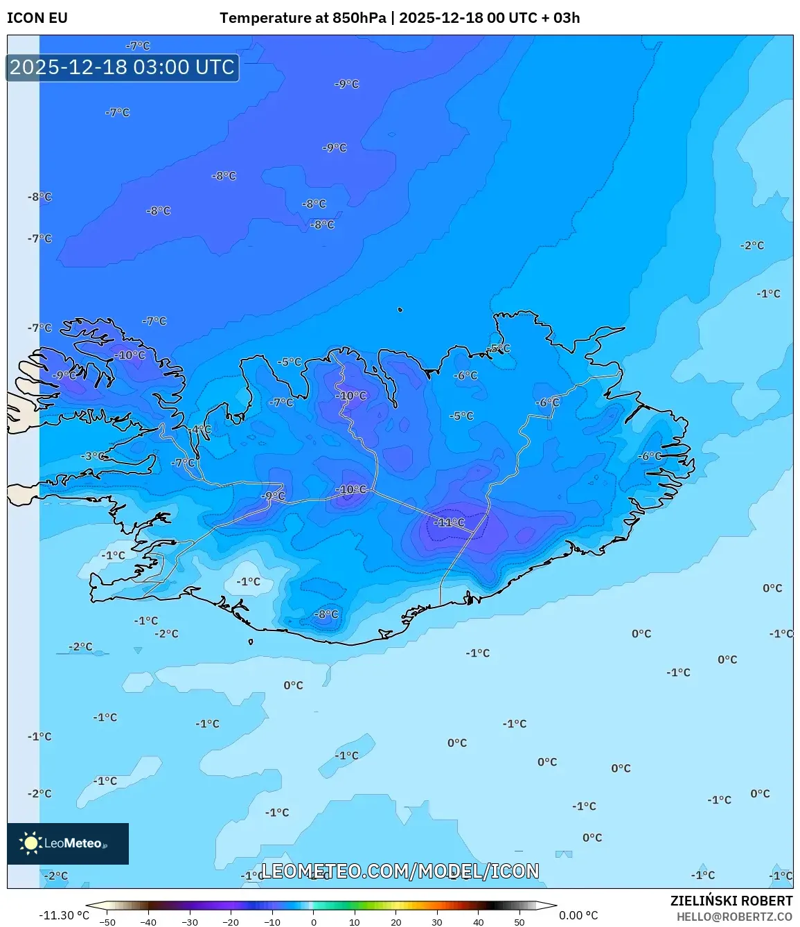 ICON model - Iceland, Temperature at 850hPa