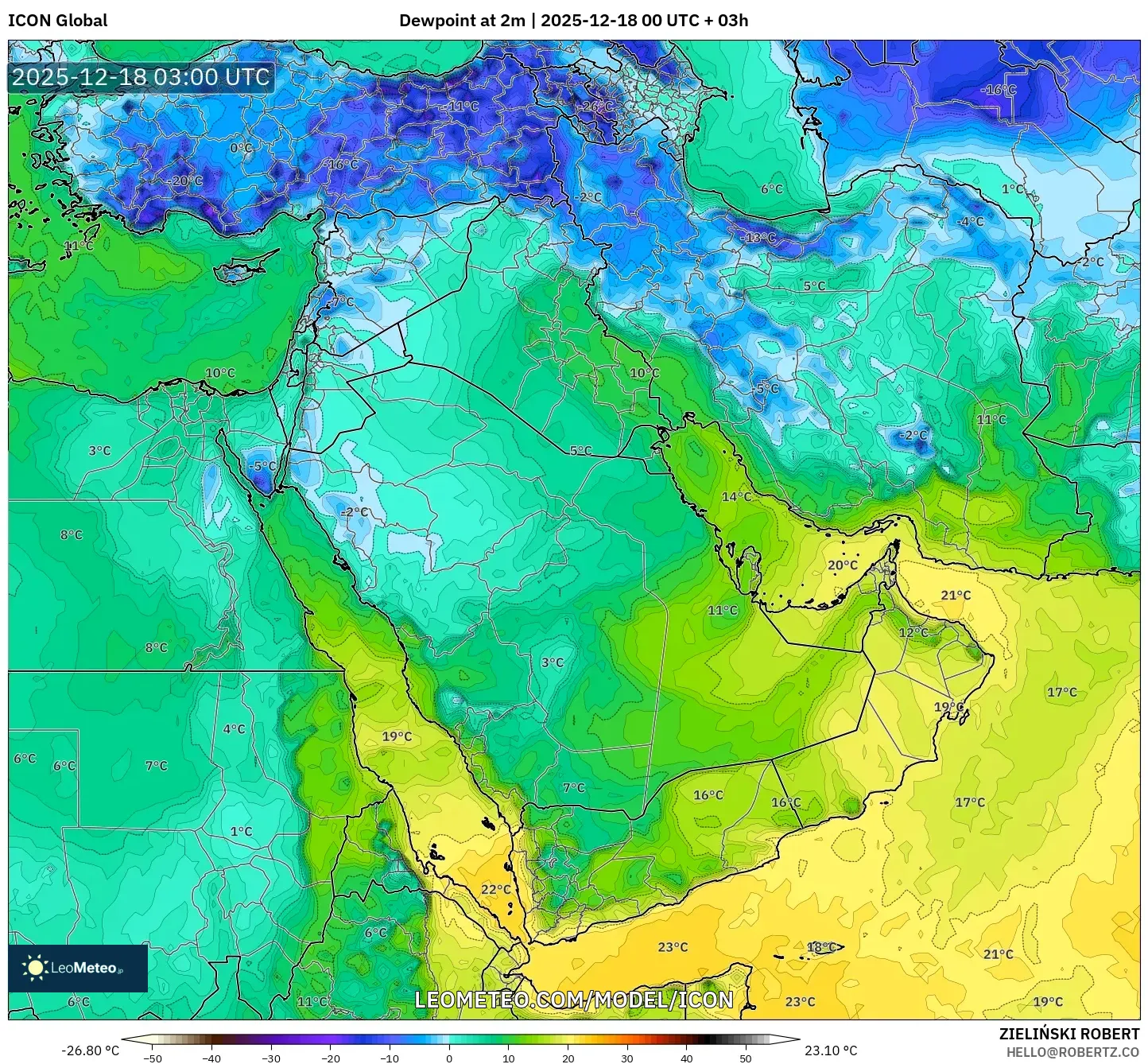 ICON model - Middle East, Dewpoint at 2m