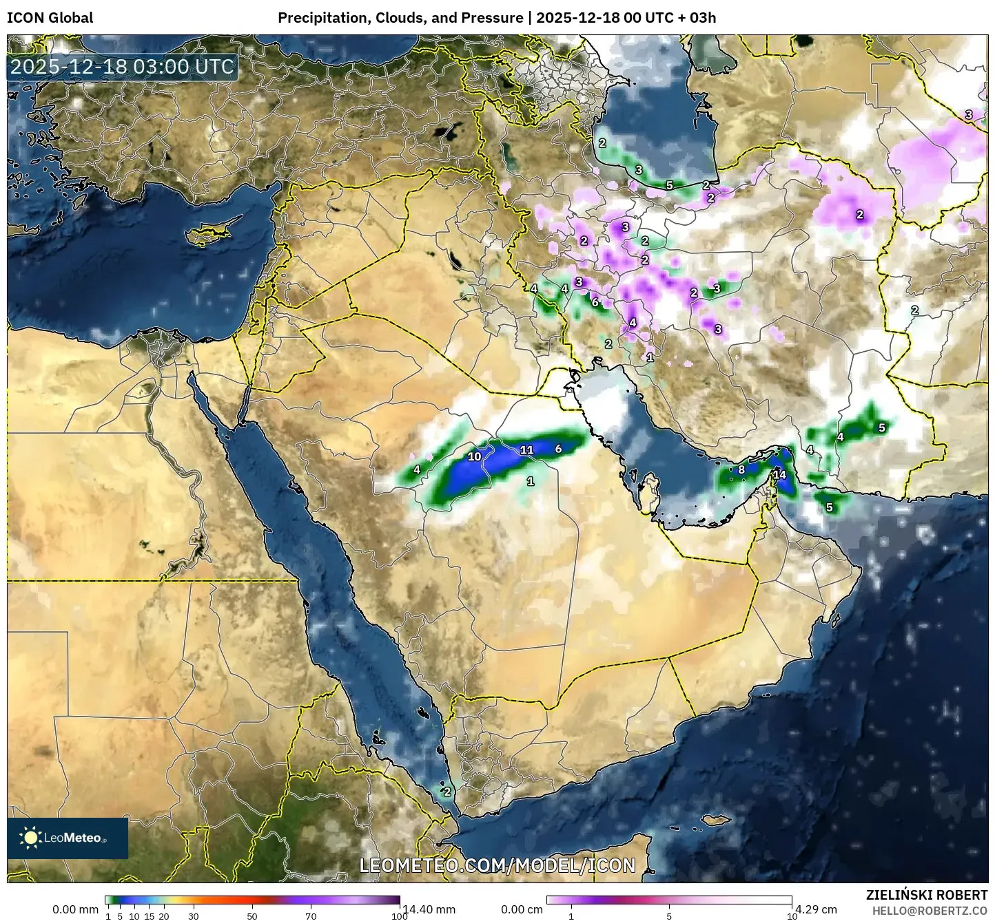 ICON model - Middle East, Precipitation, Clouds, and Pressure