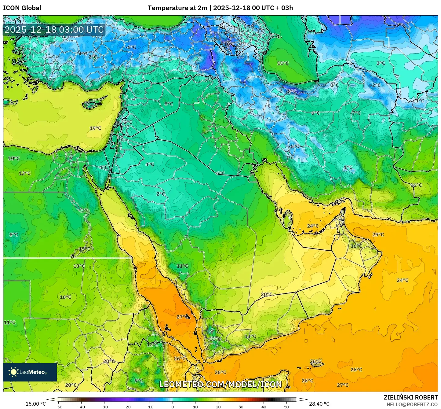 ICON model - Middle East, Temperature at 2m