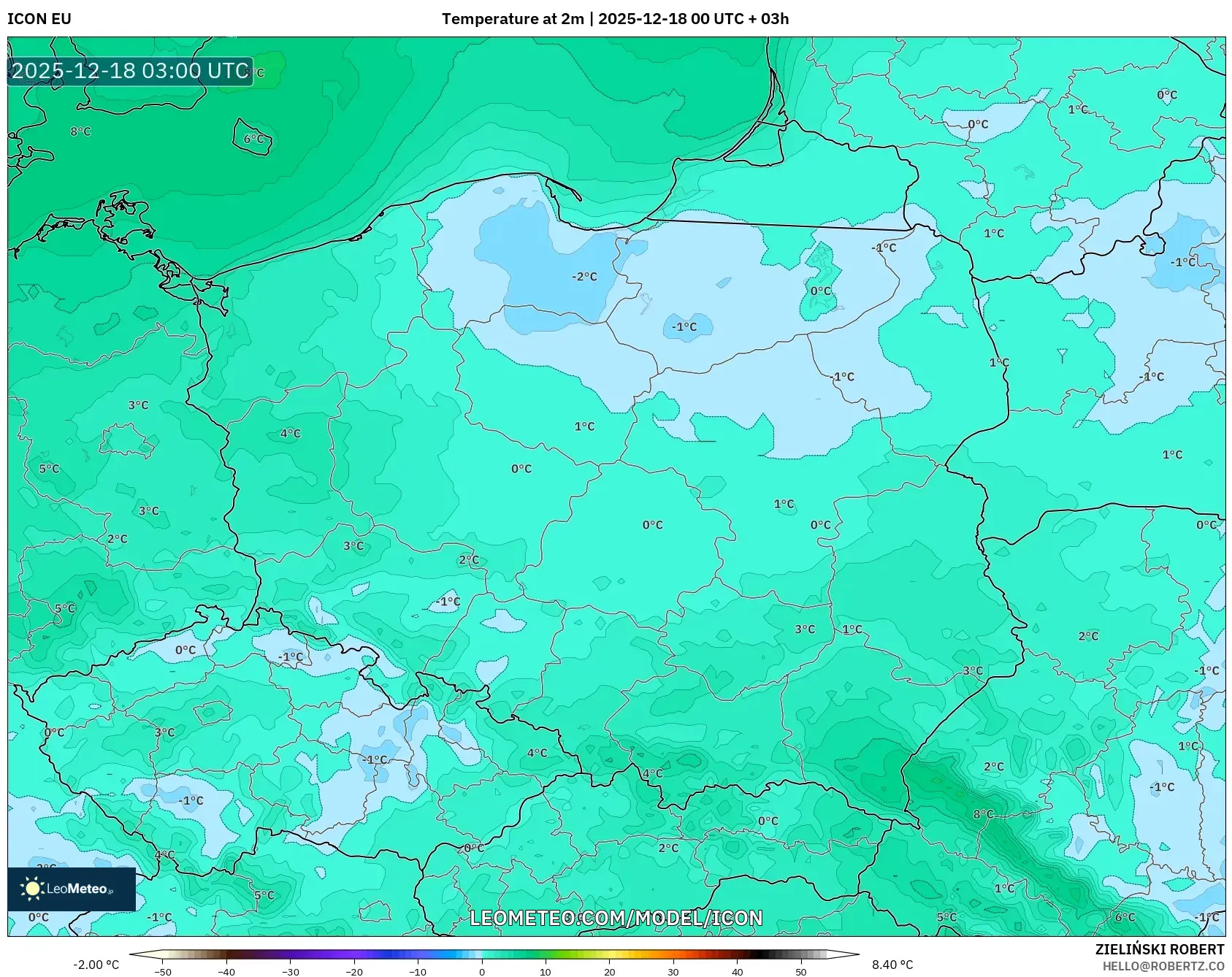 ICON model - Poland, Temperature at 2m