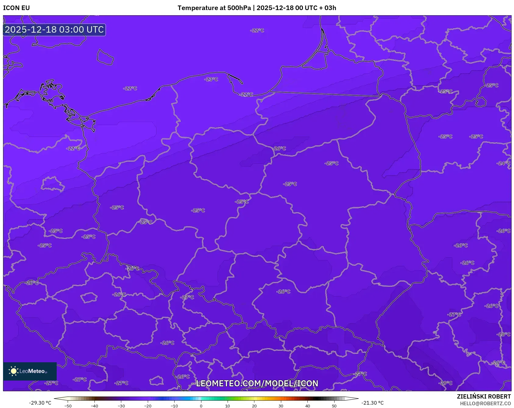 ICON model - Poland, Temperature at 500hPa
