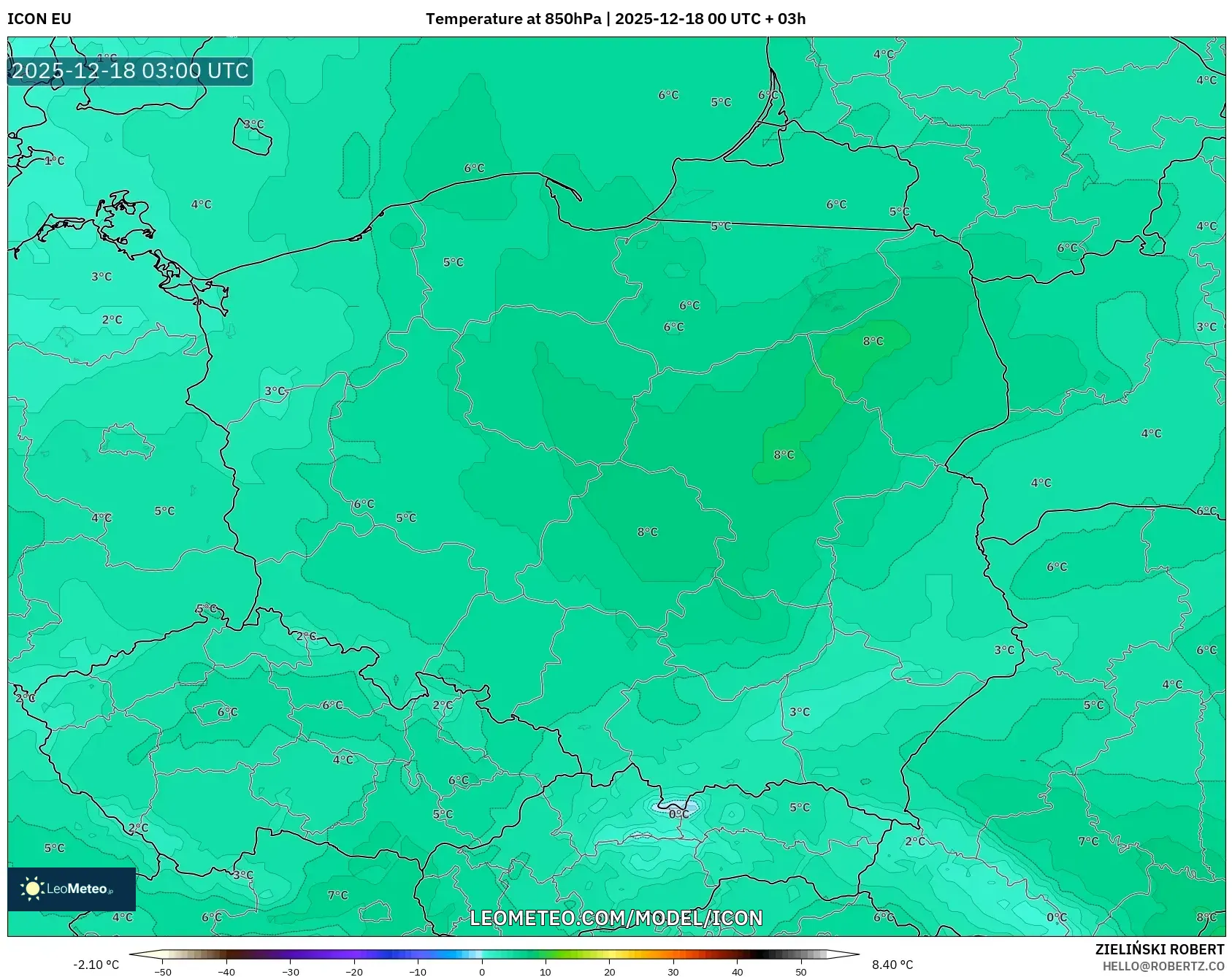 ICON model - Poland, Temperature at 850hPa