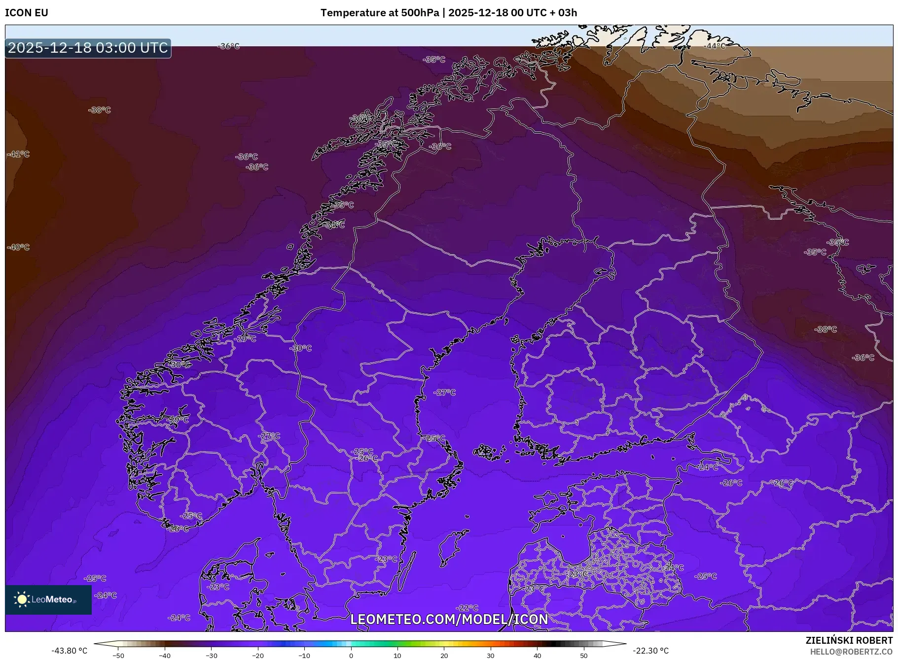ICON model - Scandinavia, Temperature at 500hPa