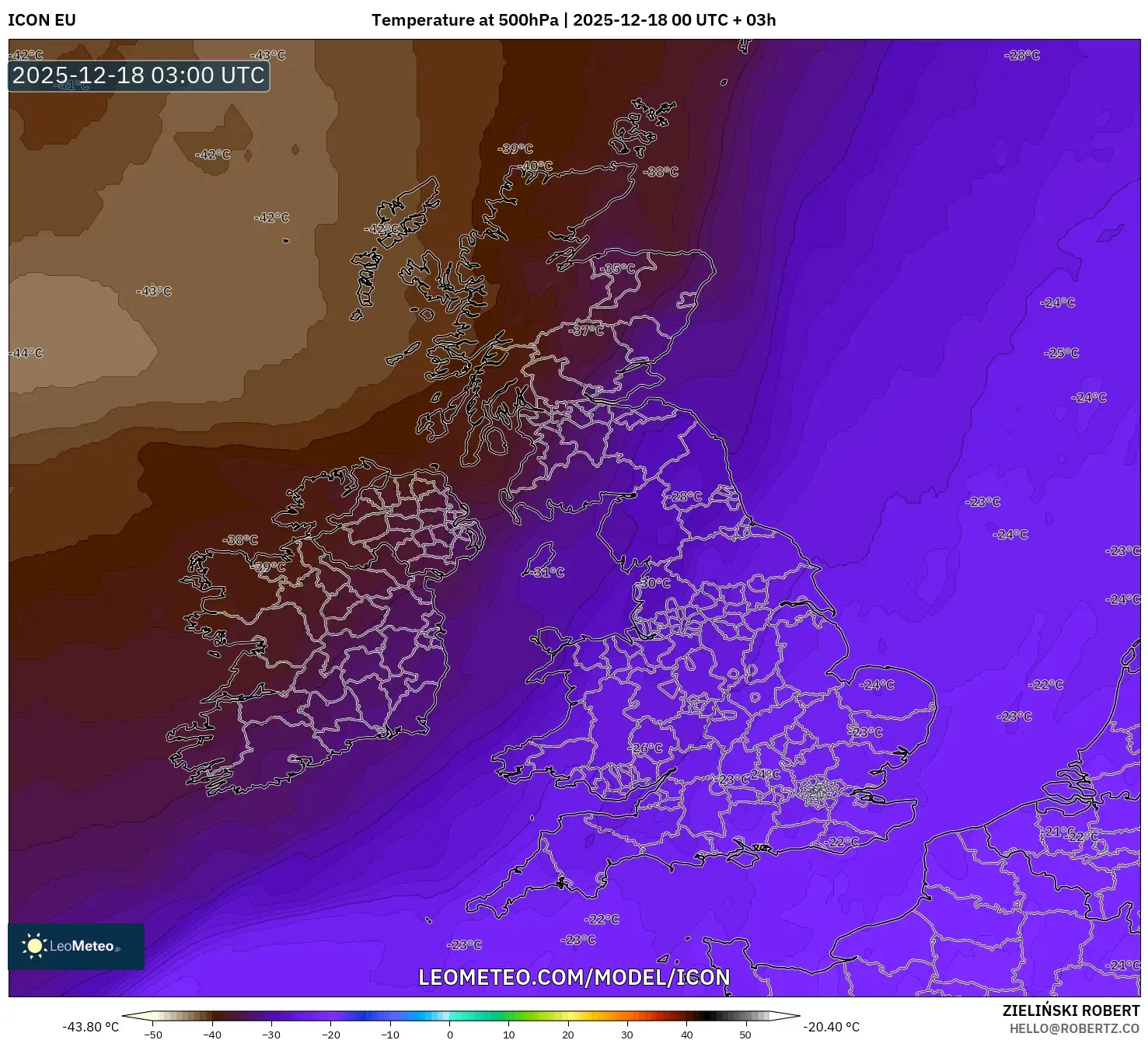 ICON model - United Kingdom, Temperature at 500hPa