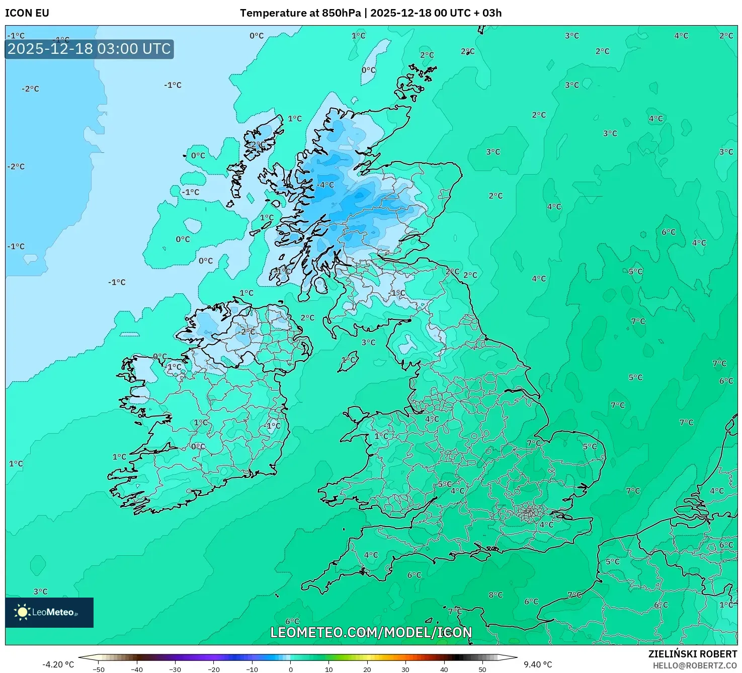 ICON model - United Kingdom, Temperature at 850hPa
